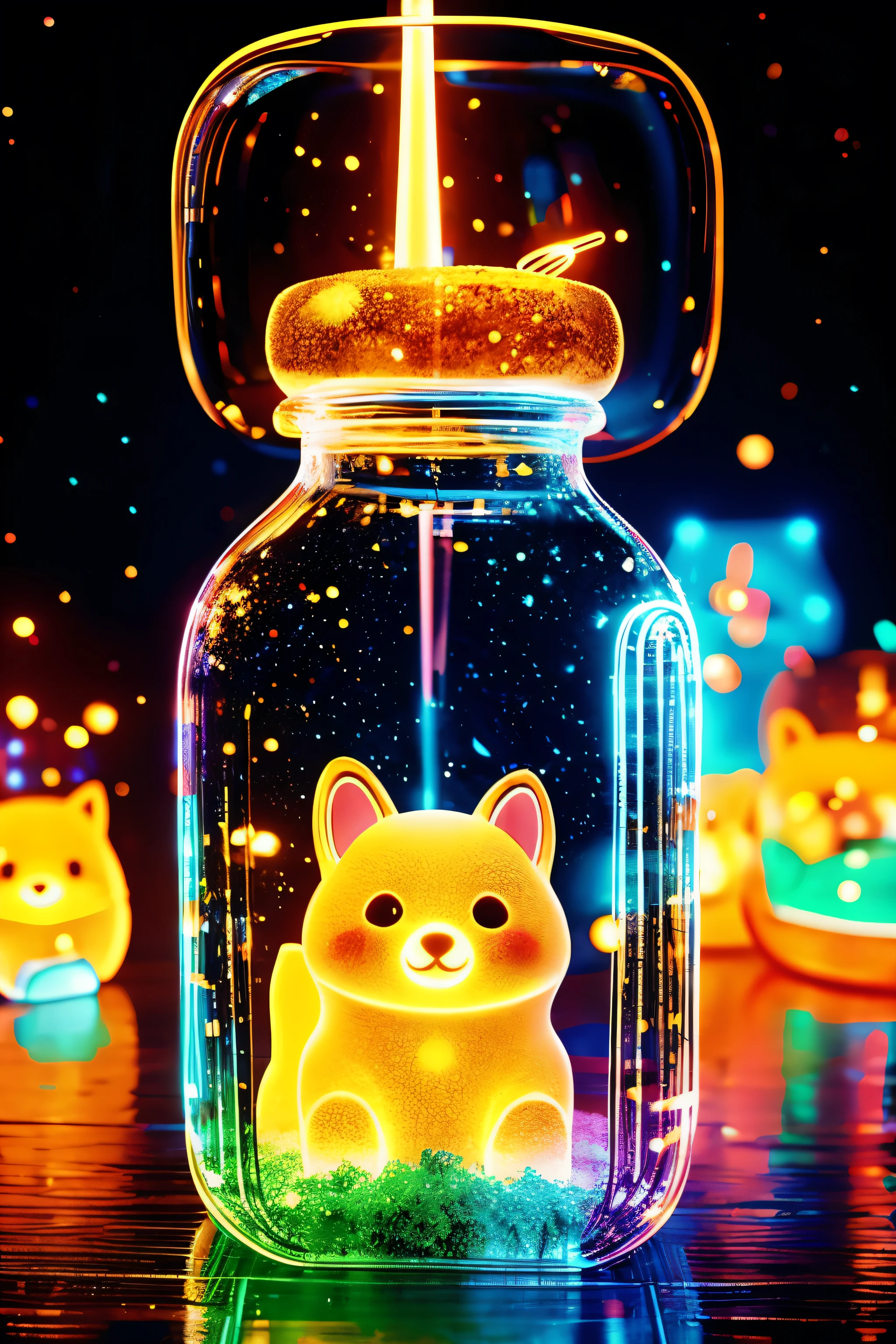 Shiba Inu  in a bottle, Lovely, actual, Atmospheric light refraction, photography：Lee Jeffries, Nikon d850 film stock photos 4 Kodak portra 400 camera f1.6 guns, rich and colorful, ultra actual actual textures, Dramatic Lighting, Unreal Engine Trends on artstation cinestill 800, Style - Glass