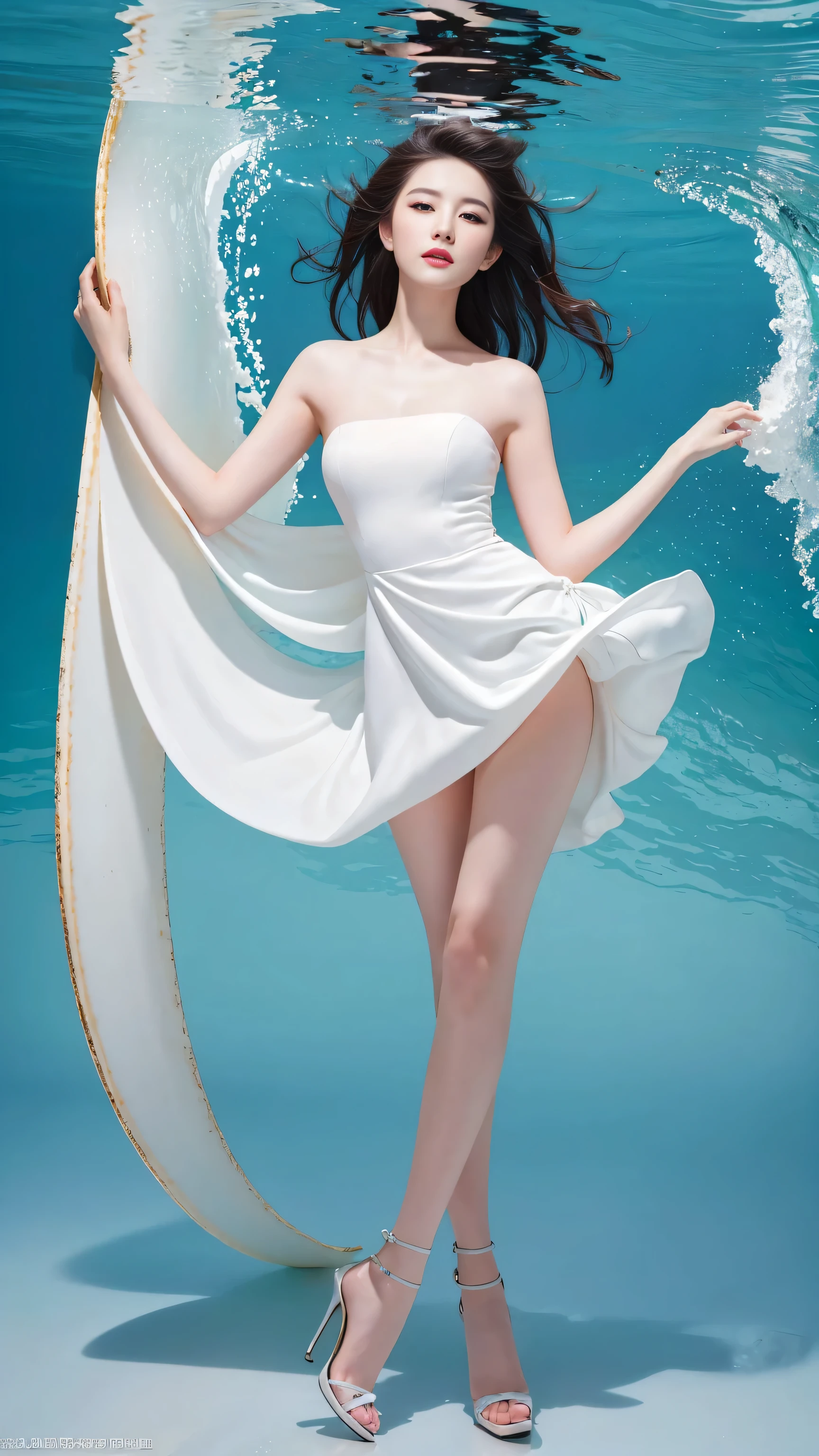 best quality,masterpiece,Ultra-high resolution,(Practical:1.4),original photo,Ultra-high resolution,8K,There was a woman,White skin,Exquisite makeup,Big Wave,Teal open collar dress:1.2,High heel,Long legs,Bright and beautiful,sexy casual pose,Lively posture,Slender woman:1.5,