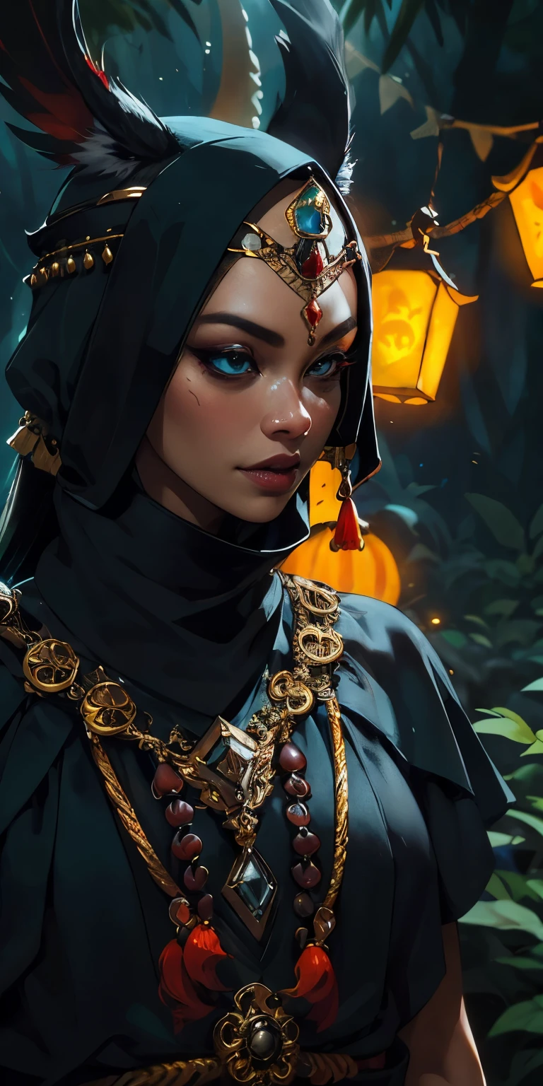 sudut rendah, dari bawah, memakai gaun hitam elegan, bibir sexy, mata biru bersinar, chainmail emas, pinggul lebar, kaki ayam, rambut sedikit bergelombang, berambut hitam, fokus mata, di taman, siang, partikel, penyimpangan warna, detail, sinematik, pemandangan gelap, fantasi