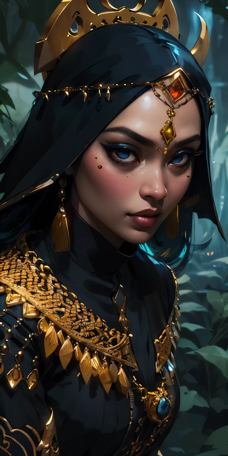 sudut rendah, dari bawah, memakai gaun hitam elegan, bibir sexy, mata biru bersinar, chainmail emas, pinggul lebar, kaki ayam, rambut sedikit bergelombang, berambut hitam, fokus mata, di taman, siang, partikel, penyimpangan warna, detail, sinematik, pemandangan gelap, fantasi