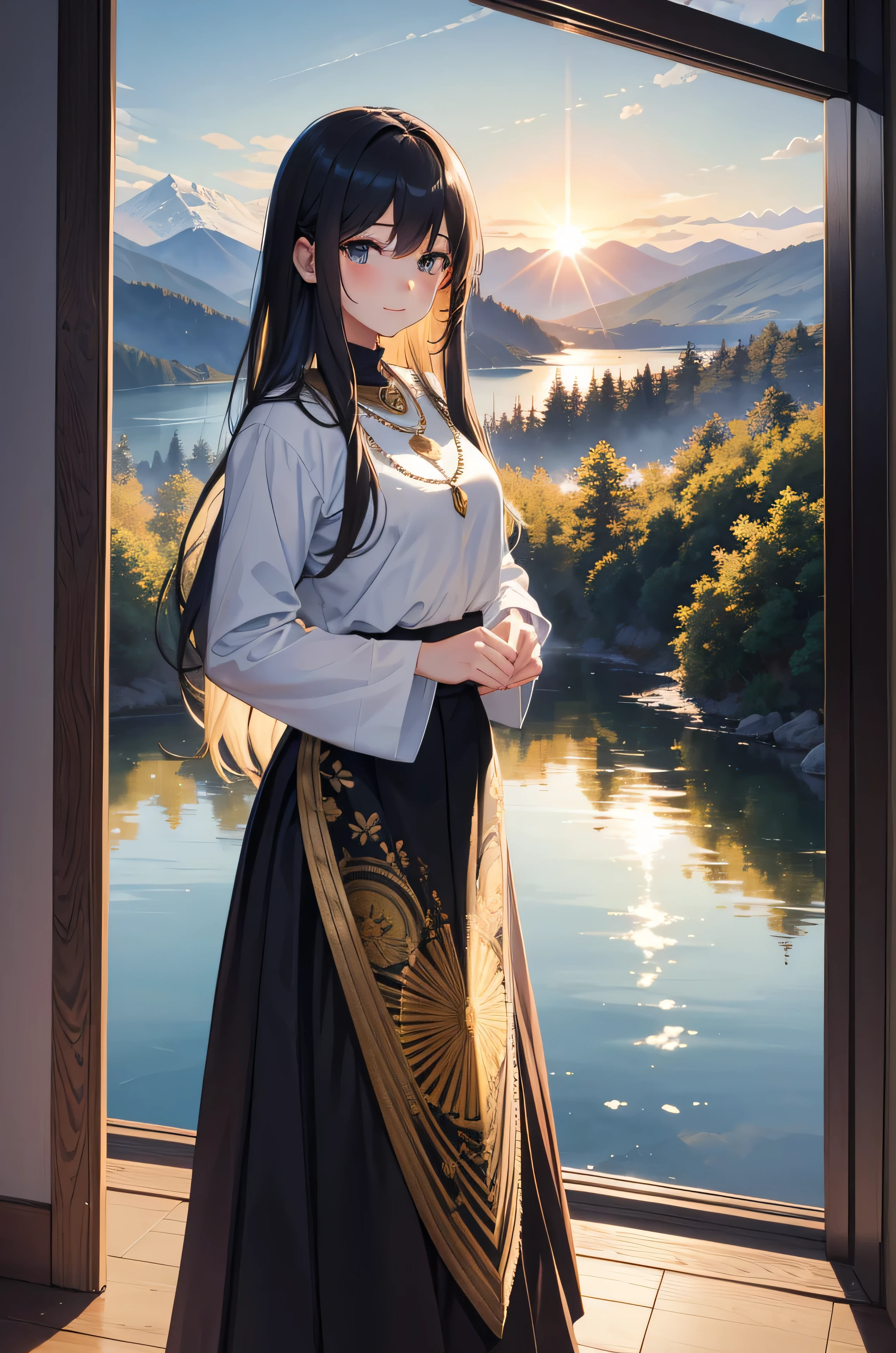 1 girl, happy expression, charming eyes, straight long hair, flowing skirt, big, looking at the sun, calm posture, porcelain-like skin, subtle blush, crystal pendant BREAK Golden Hour, (edge lighting): 1.2, cool colors, sun flare, soft shadows, bright colors, painting effects, fantastic atmosphere BREAK Scenic lakes, distant mountains, pine trees, mountain tops, reflections, sunlit clouds, tranquil atmosphere, idyllic sunrise, Ultra detailed, official art, unified 8k wallpapers, zentangle, mandala