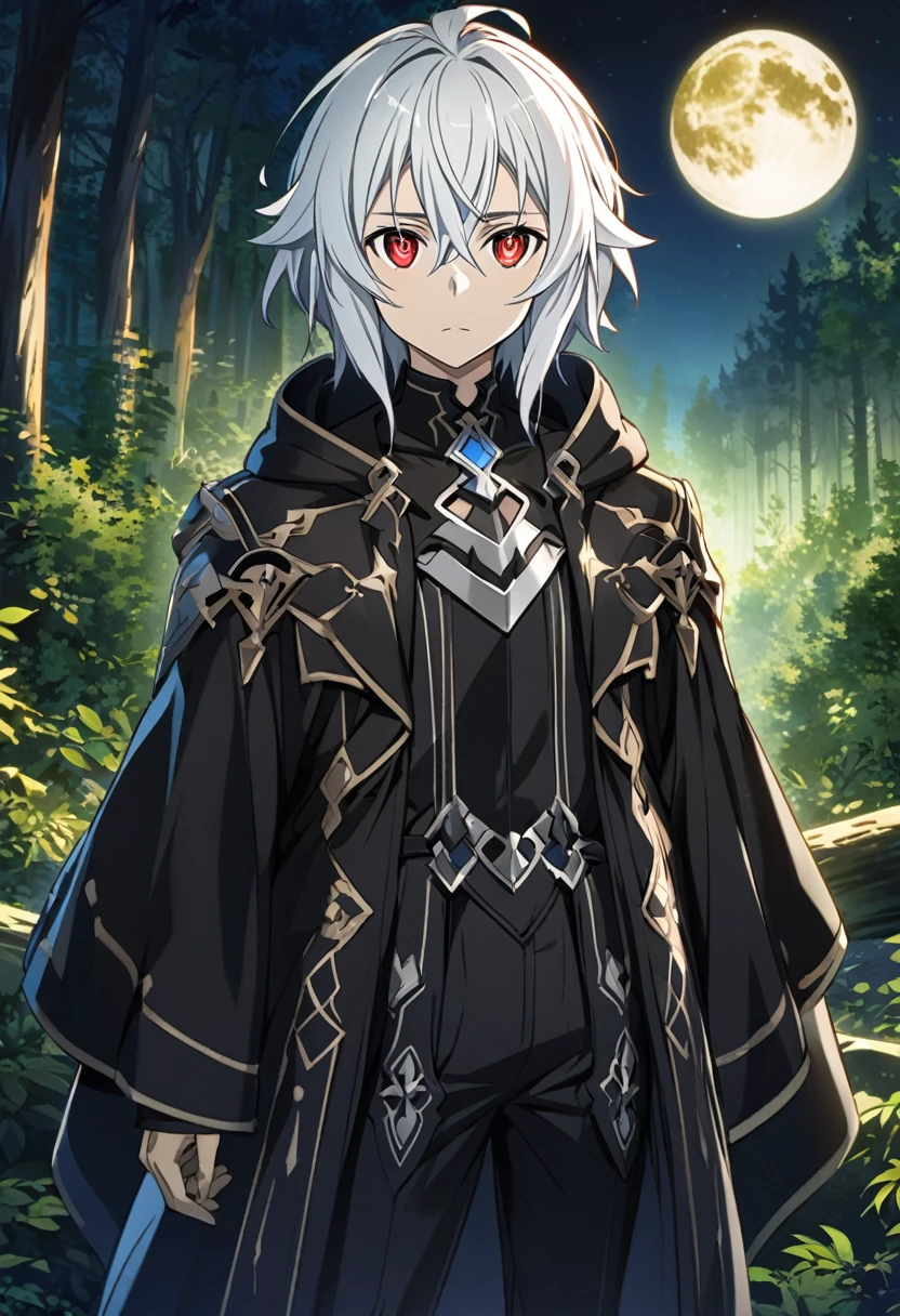 Hyakuya Mikaela \(Sword Art Online\), short silvery white hair, slitted red eyes:1.2, black noble costume, bangs, expressionless, ((ultra-detailed)), ((illustration)), ((neat hair)), (beautiful detailed eyes), male, 1boy, standing, ((forest, night, moon)), looking at viewer