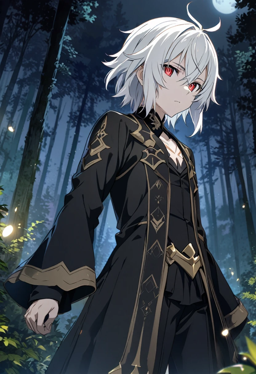 Hyakuya Mikaela \(Sword Art Online\), short silvery white hair, slitted red eyes:1.2, black noble costume, bangs, expressionless, ((ultra-detailed)), ((illustration)), ((neat hair)), (beautiful detailed eyes), male, 1boy, standing, ((forest, night, moon)), looking at viewer