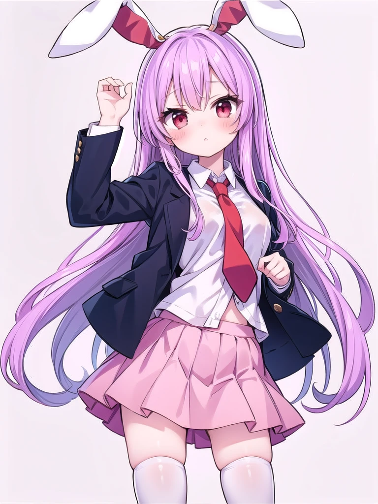 1girl, masterpiece, best quality, perfect hands, reisen udongein inaba, light purple hair, very long hair, rabbit ears, red eyes, black jacket, red necktie, white shirt, light pink skirt, white thighhighs, blush