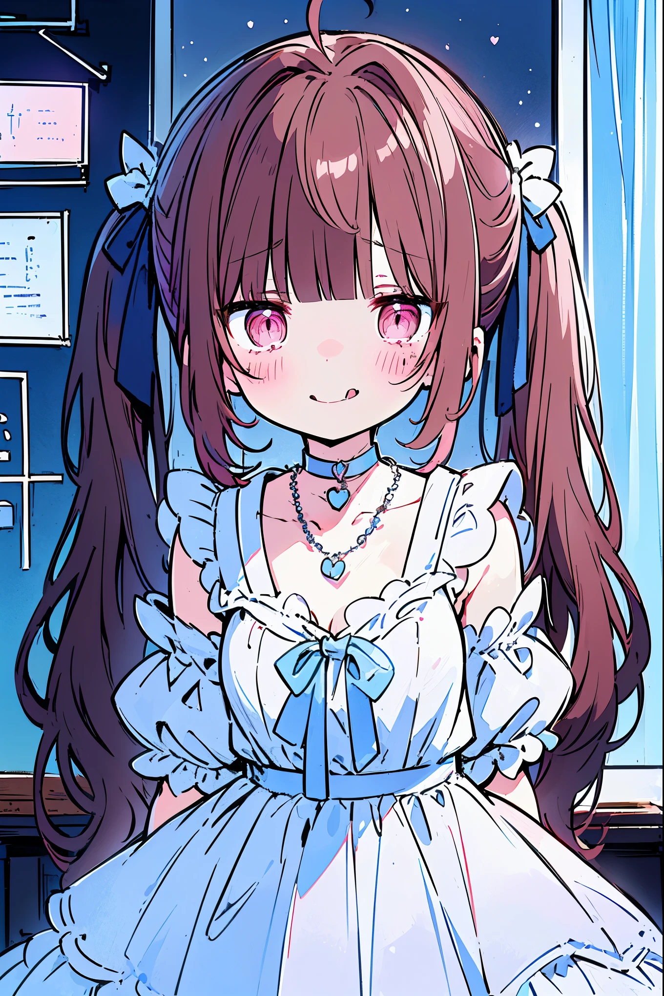 {{{{masterpiece}}}}, {{{Super detailed}}}, {{{high resolution}}},{{high resolution:1.3}}, {{good anatomy}}, (((best quality))), ((on the bed,indoor,blue theme,anime style,anime girl)),(((pink eyes,brown hair))),(big perfect eyes),((yandere,dark eyelash)),(((smart casual in pale blue color,collarbone,white dress, jewelry, choker,necklace,dark atmosphere,night time))), hairclip, {8k cg wallpaper}, {{illustration,zoom in,focus on face,close-up shot, looking out a window}},((twintails|ahoge|floating hair|blunt bangs|short hair|curly))smile,(1girl:1), bride,solo,alone,(Color difference:1.2),(yandere smile,evil smile with Tongue,Dark circles),blushing,neat face,(medium breasts),((The details are complex、Shallow depth of field、weak lighting、a Canon EOS R5、50mm lens、f / 2.8、shot at 8k resolution))