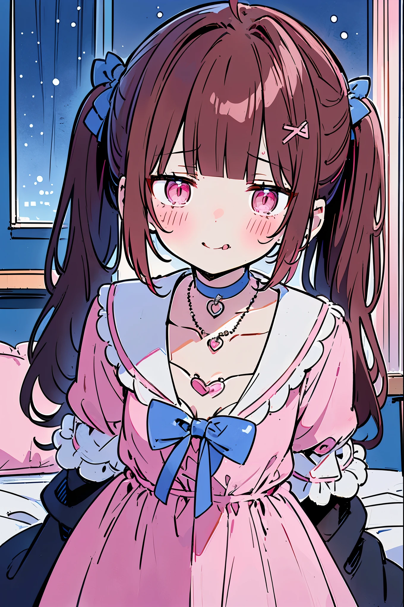 {{{{masterpiece}}}}, {{{Super detailed}}}, {{{high resolution}}},{{high resolution:1.3}}, {{good anatomy}}, (((best quality))), ((on the bed,indoor,blue theme,anime style,anime girl)),(((pink eyes,brown hair))),(big perfect eyes),((yandere,dark eyelash)),(((coat skirt,collarbone,red dress, jewelry, choker,necklace,dark atmosphere,night time))), hairclip, {8k cg wallpaper}, {{illustration,zoom in,focus on face,close-up shot, looking out a window}},((twintails|ahoge|floating hair|blunt bangs|short hair|curly))smile,(1girl:1), bride,solo,alone,(Color difference:1.2),(yandere smile,evil smile with Tongue,Dark circles),blushing,neat face,(medium breasts),((The details are complex、Shallow depth of field、weak lighting、a Canon EOS R5、50mm lens、f / 2.8、shot at 8k resolution))