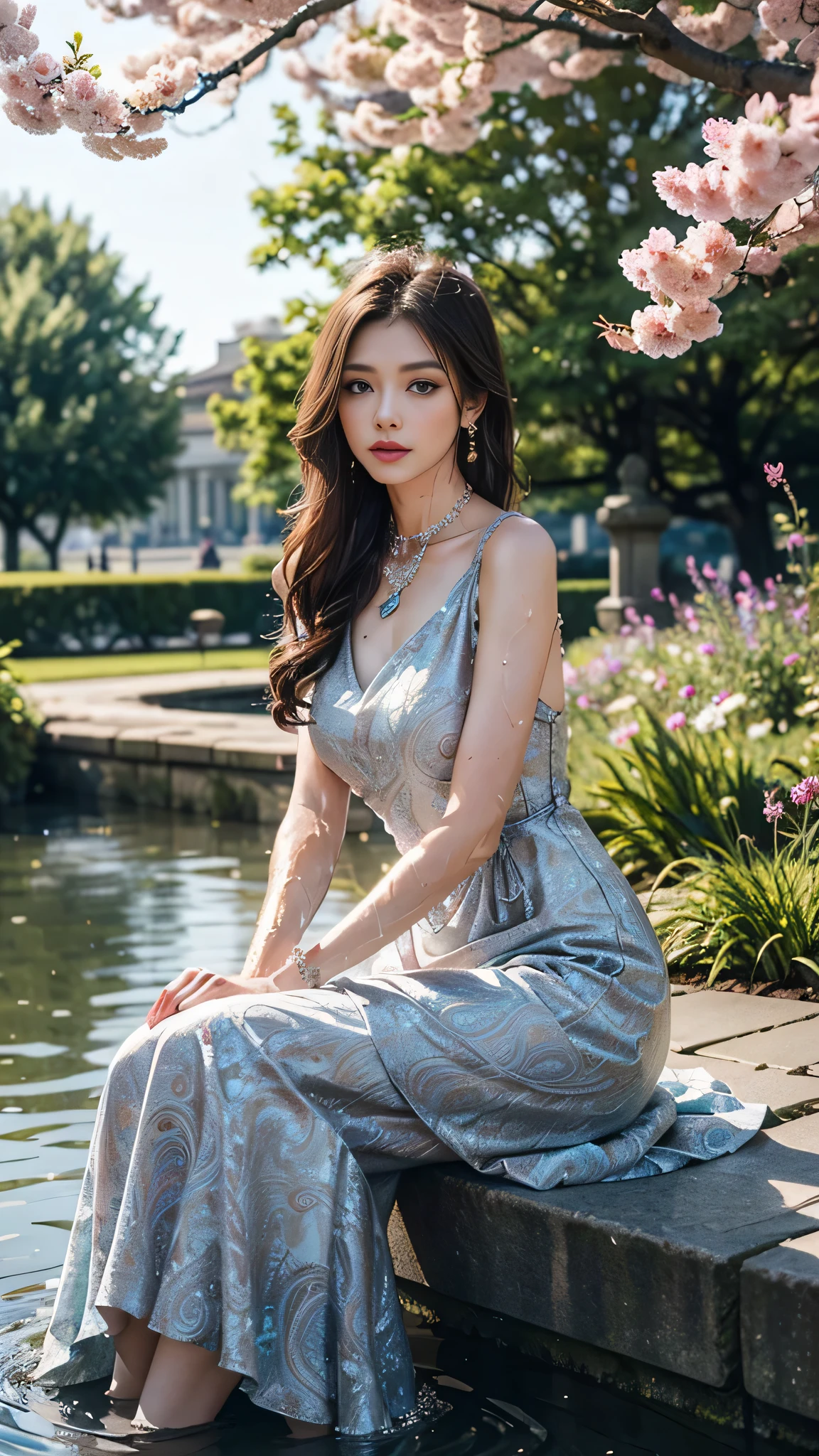 4k, Ultra high quality, masterpiece, 1 girl, serious face, delicate eyes, Very long hair, (flared dress:1.5), blue flared dress, Paisley print, (jewelry:1.5), bell waist, In the garden, Cherry blossoms, rain:1.5, (water:1.5), sit,