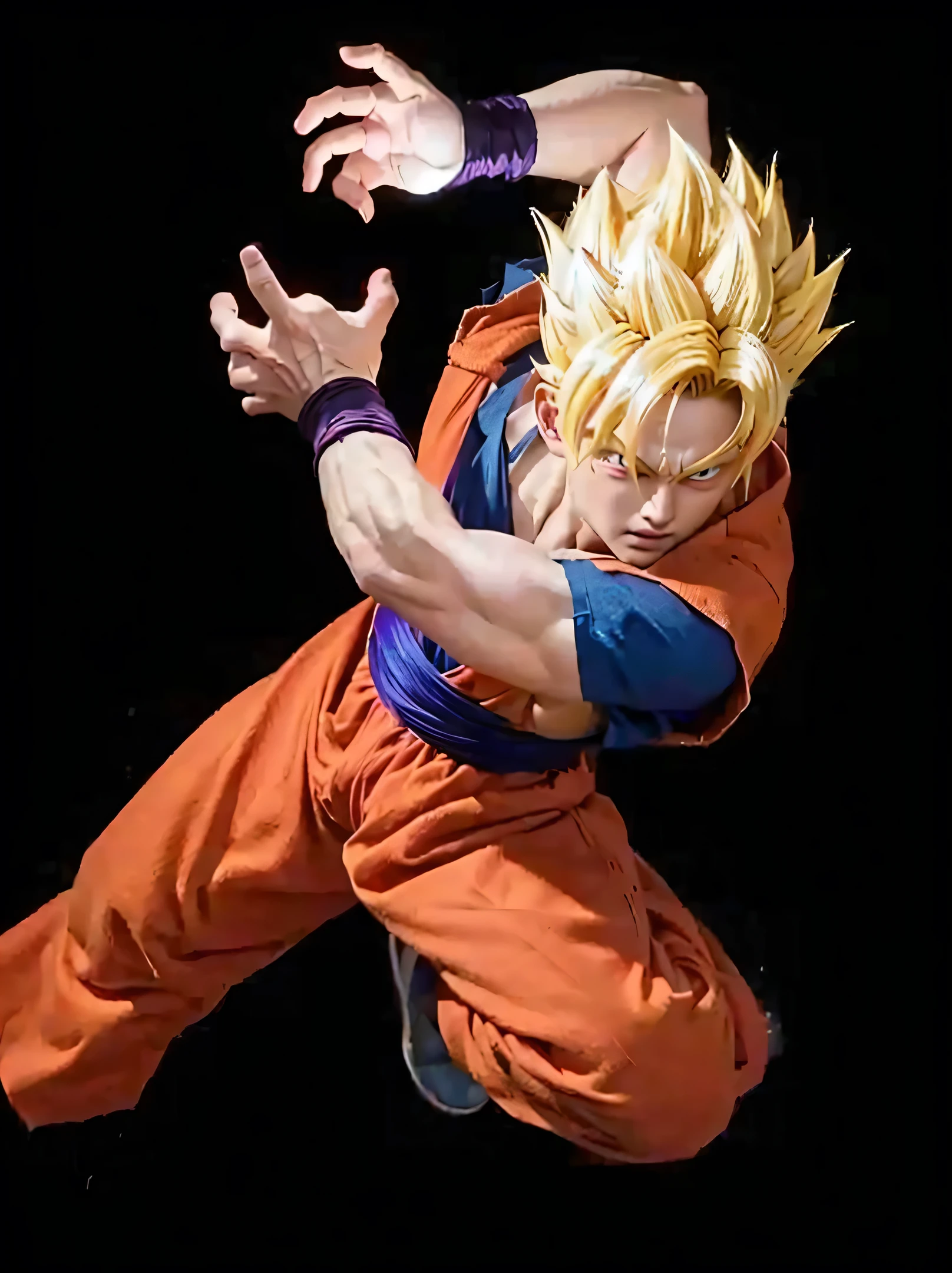 Super Saiyan Gohan convert to Real Life, real hair, real skin, real eyes, red eyes colour, westren face, real skin tone, glowing lighting purple, real lighting source, 4k