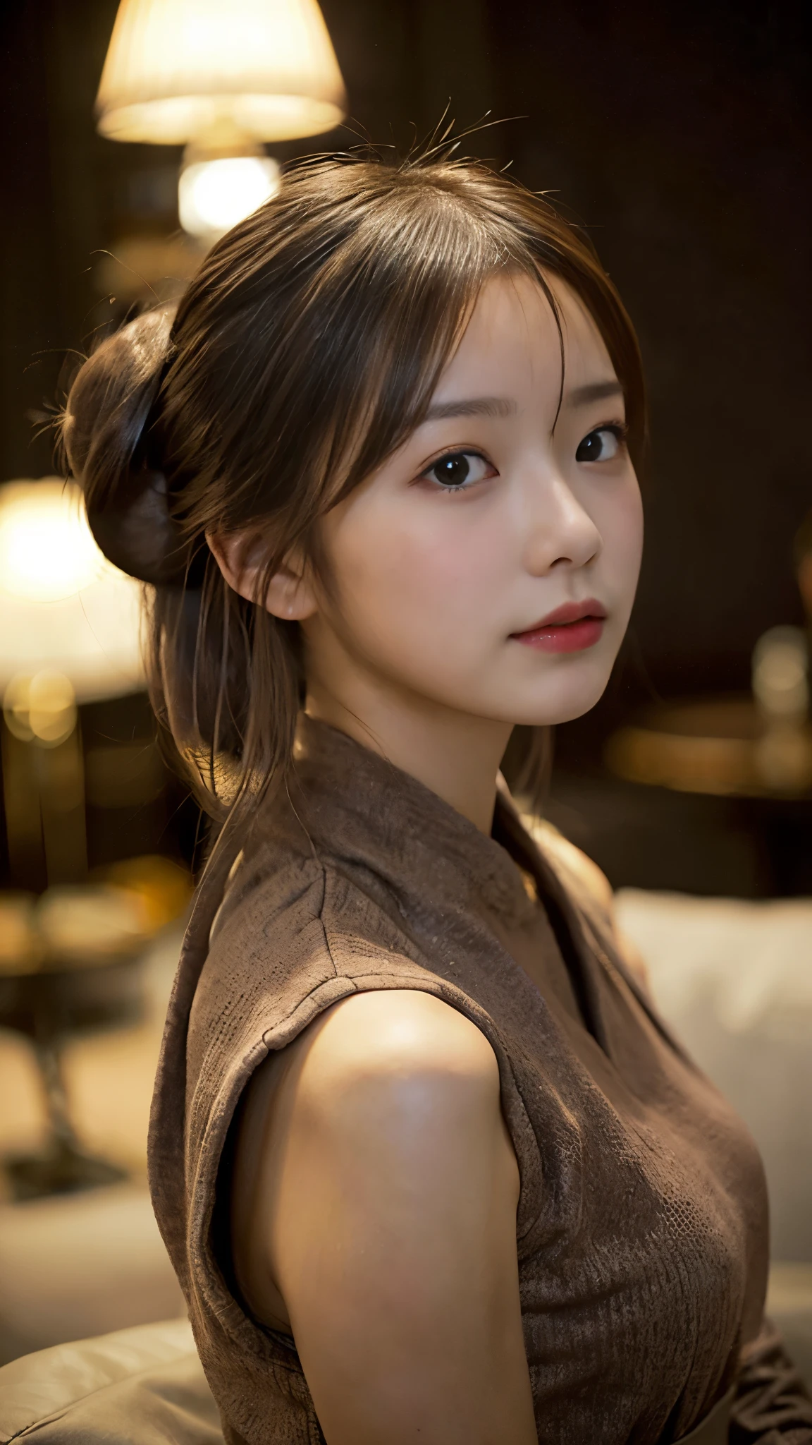 ((Dressed up fashion))、((Luxury hotel lounge))、((Look away))、(top-quality,masterpiece:1.3,超A high resolution,),(ultra-detailliert,Caustics),(Photorealsitic:1.4,RAW shooting,)Ultra-realistic capture,A highly detailed,High resolution 16K human skin closeup、 Skin texture is natural、、The skin looks healthy with an even tone、 Use natural light and color,1 girl,japanes,23years old,kawaii,Brown Hair,Middle hair,,smil,,(depth of fields、chromatic abberation、、Wide range of lighting、Natural Shading、DSLR、50mm,f2.4、((bun hair))、(Early Morning Light:1.4)、((cowboy shot)),