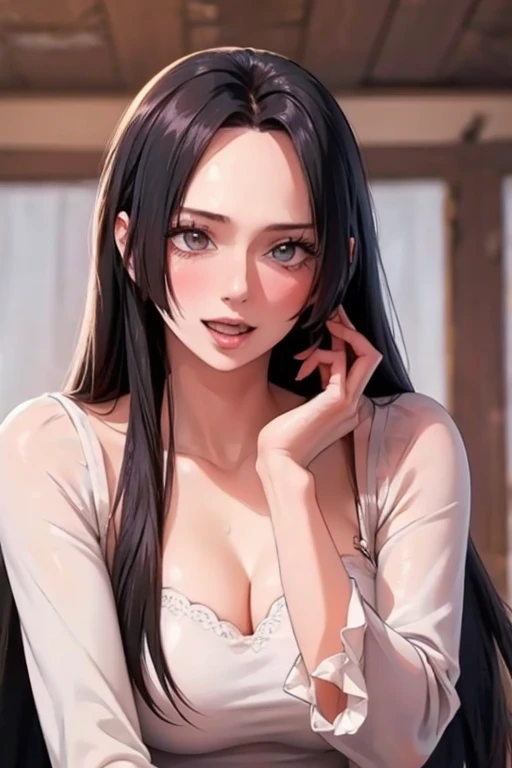 (((masterpiece))), (((best quality))), ((ultra-detailed)), (highly detailed CG illustration), Boa Hancock, , (masterpiece:1.5), Detailed Photo, Smiling, Sexy, (Best Quality: 1.4), (1girl), Beautiful Face, (Black Hair, long Hair: 1.3), Beautiful Hairstyle,  beautiful detail eyes, (realistic skin), beautiful skin, absurd, attractive, ultra high resolution, high definition, (sexually aroused:1.5), Pinkish white skin, cool white light, sexy pose, Beautiful , white background, pink soft white light, Wear a white dress