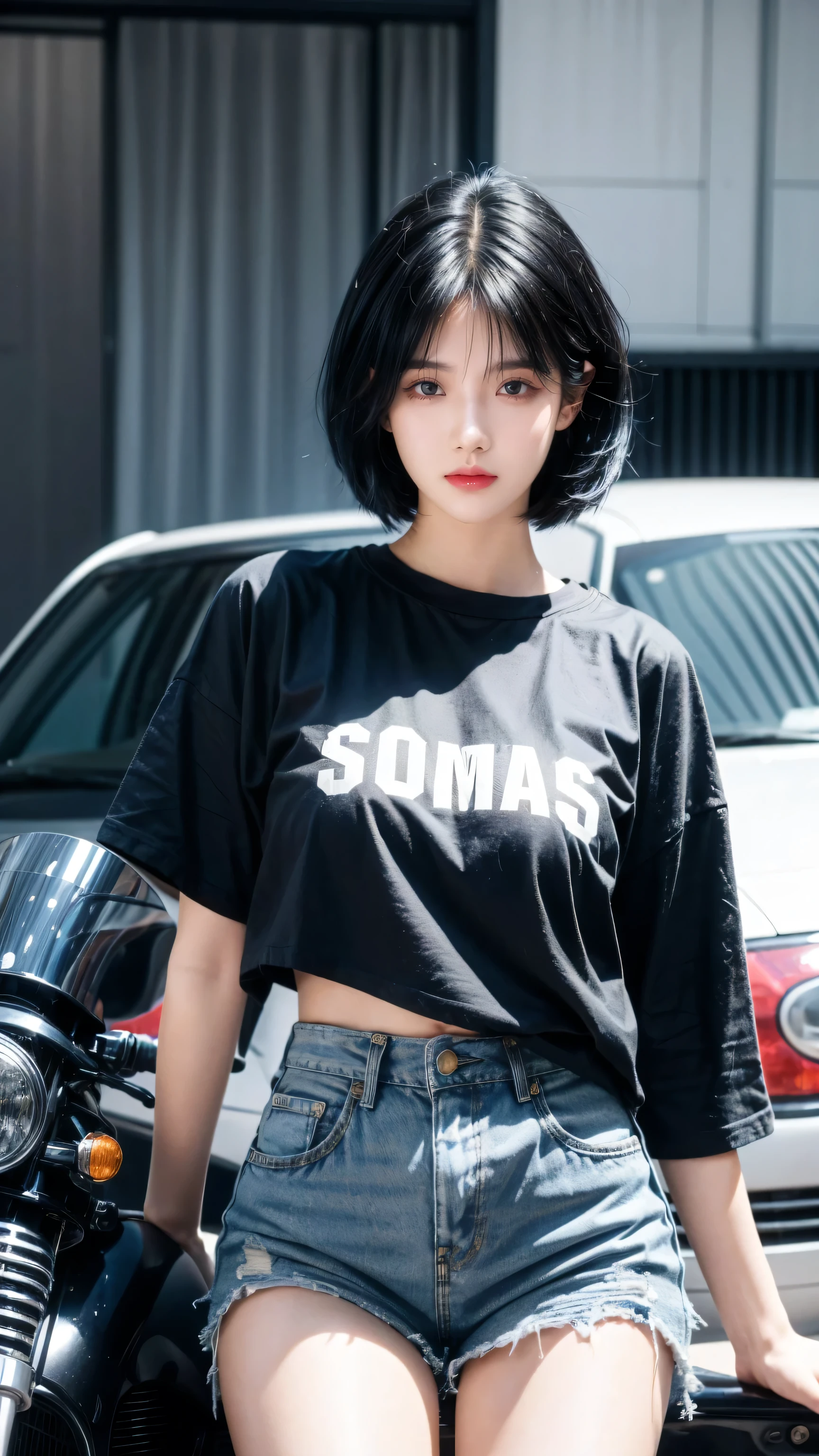 best quality, 1 Girl, dark blue hair, black eyes, Very short hair, Spiky hair, blueoversize t-shirt, High waist short jeans, 171 cm, Messy hair, Hair between the eyes, Medium breasts, full, Tomboy, aldult, 20 years old, 1 Girl near blue motorcycle