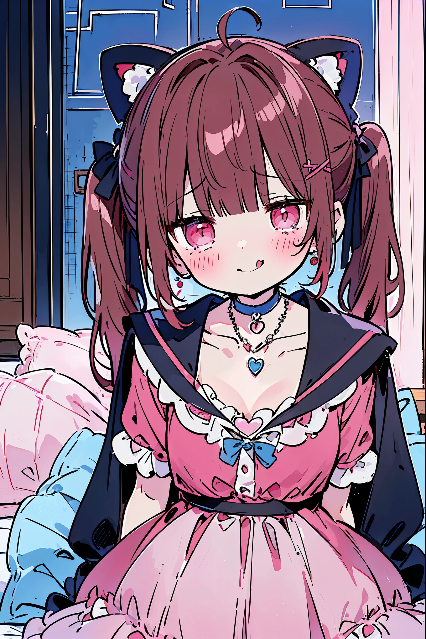 {{{{masterpiece}}}}, {{{Super detailed}}}, {{{high resolution}}},{{high resolution:1.3}}, {{good anatomy}}, (((best quality))), ((on the bed,indoor,blue theme,anime style,anime girl)),(((pink eyes,brown hair))),(big perfect eyes),((yandere,dark eyelash)),(((coat skirt,collarbone,red dress, jewelry, choker,necklace,dark atmosphere,night time))), hairclip, {8k cg wallpaper}, {{illustration,zoom in,focus on face,close-up shot, looking out a window}},((twintails|ahoge|floating hair|blunt bangs|short hair|curly))smile,(1girl:1), bride,solo,alone,(Color difference:1.2),(yandere smile,evil smile with Tongue,Dark circles),blushing,neat face,(medium breasts),((The details are complex、Shallow depth of field、weak lighting、a Canon EOS R5、50mm lens、f / 2.8、shot at 8k resolution))