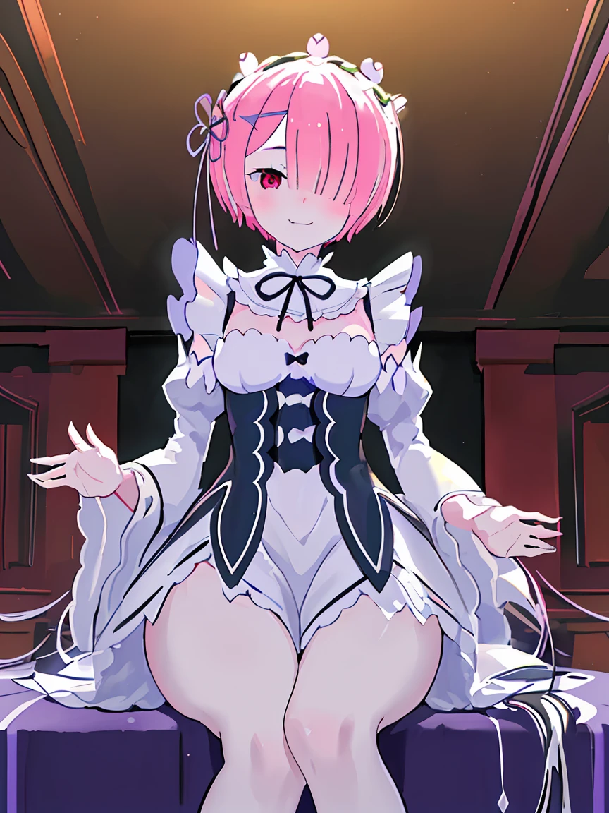 NSFW, masterpiece, best quality, (colorful), (delicate eyes and face), volumetric light, ray tracing, extremely detailed CG unity 8k wallpaper, full body, ramchi, hair over one eye, maid, nude, big breasts, purple ribbon, maid headdress, detached sleeves, looking at viewer, cowboy shot, smile, happy, sitting, from below, captivating pose