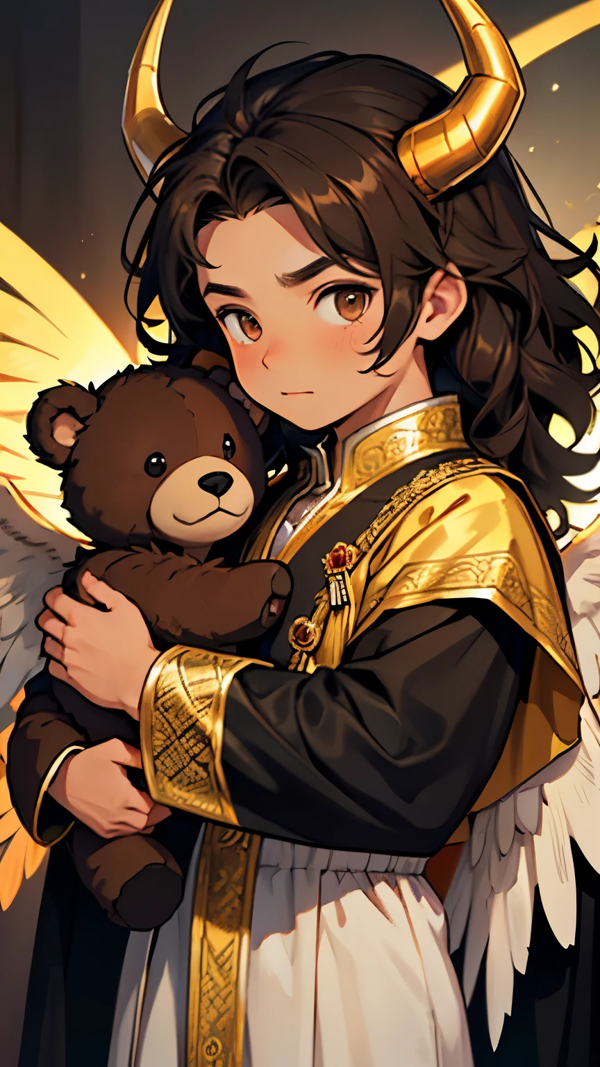 young boy, long dark brown curly hair, fair skin, golden brown eyes, holding black teddy bear, royal attire, horns and wings