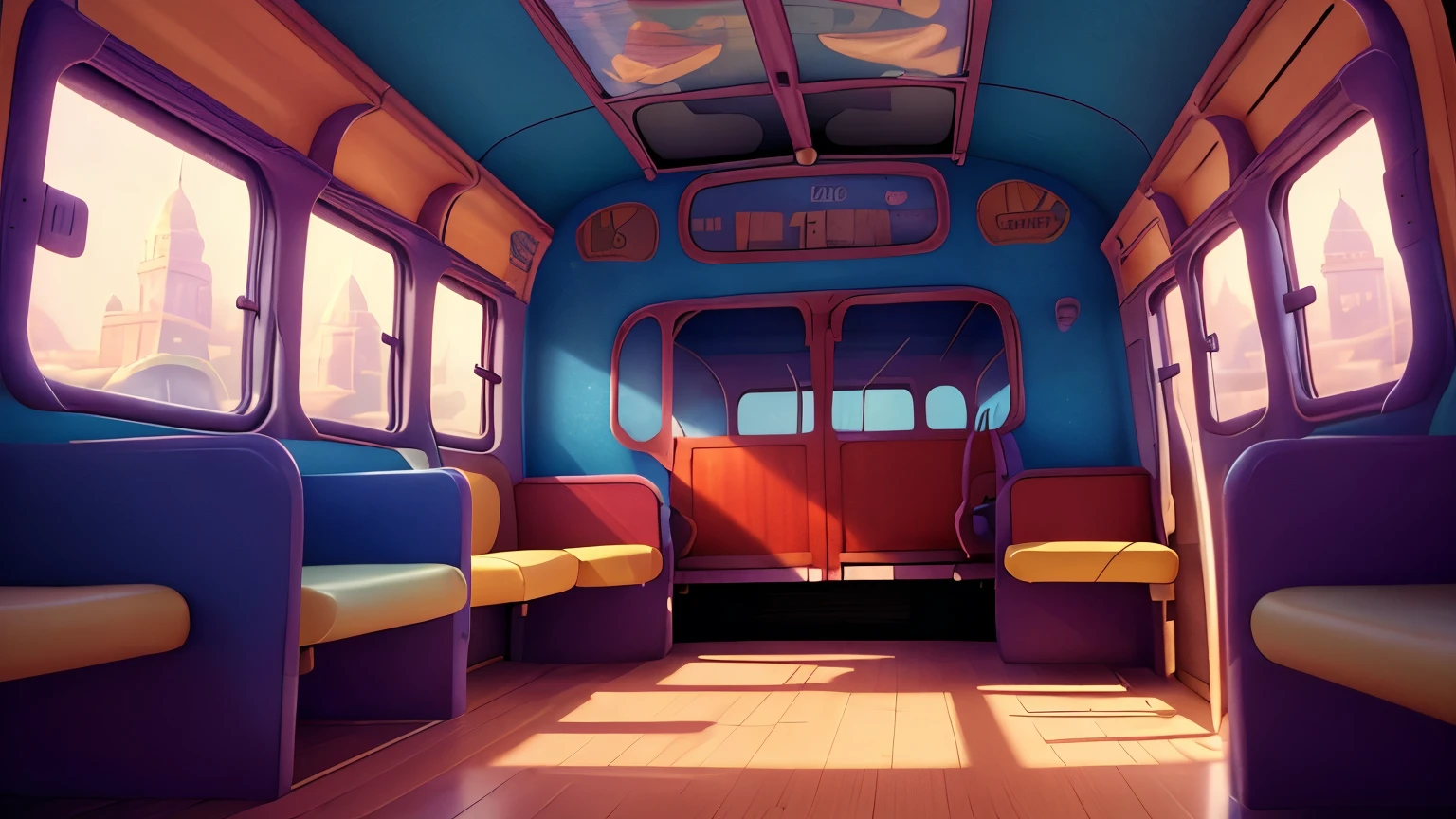 a cartoon bus from the united states, a person looking out the window, hyperrealistic, 4k, detailed, vibrant colors, soft lighting, volumetric lighting, cinematic composition, dramatic perspective, dynamic movement, intricate details, whimsical style, nostalgic mood, warm tones, photorealistic, high quality, masterpiece
