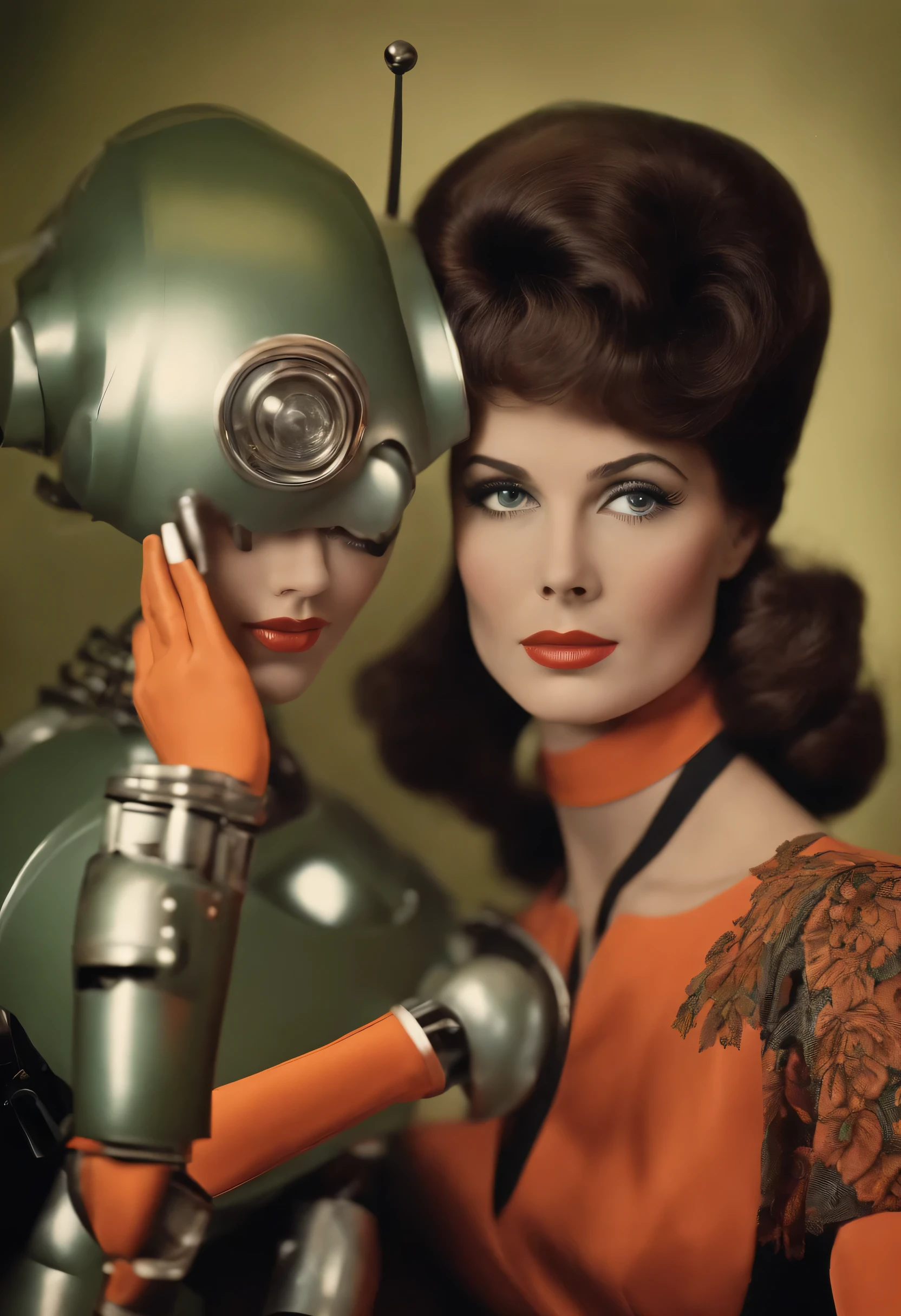 Realistic image female robot, vintage photo from the '60s