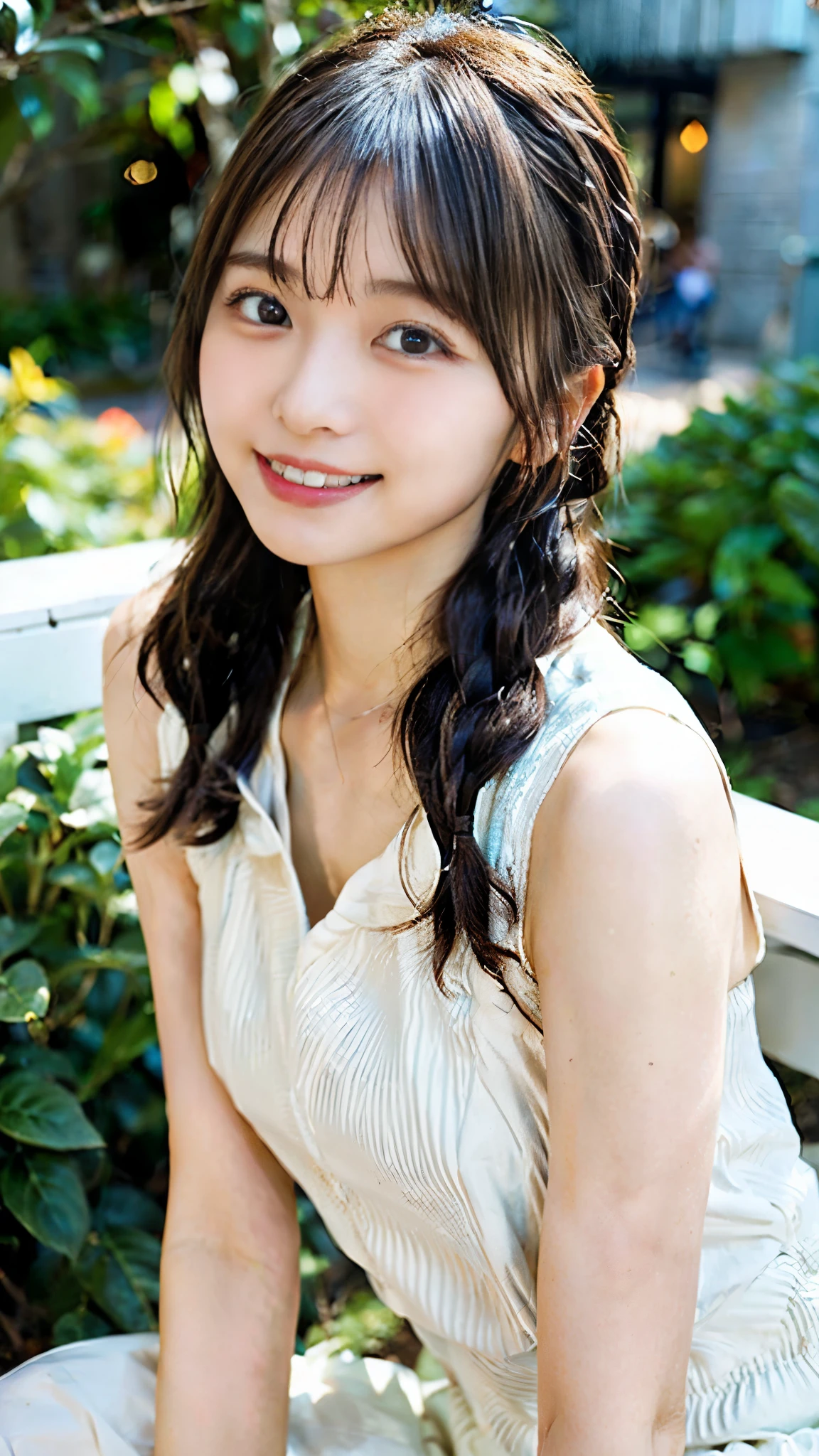 ((Sleeveless dress))、((Luxury hotel garden))、(Sitting on a white bench:1.5)、((Looking Side Glance))
、Strong sunlight from outside、((Look away))、(top-quality,masterpiece:1.3,超A high resolution,),(ultra-detailliert,Caustics),(Photorealsitic:1.4,RAW shooting,)Ultra-realistic capture,A highly detailed,High resolution 16K human skin closeup、 Skin texture is natural、、The skin looks healthy with an even tone、 Use natural light and color,1 girl,japanes,23years old,kawaii,Brown Hair、((Beautiful eyelashes))、((french braid:1.3))、(((BIG Smiling with teeth showing))、Wide range of lighting、Natural Shading、DSLR、35mm f1.4 Lenses、(Early Morning Light:1.4)、((Distant eyes))、
