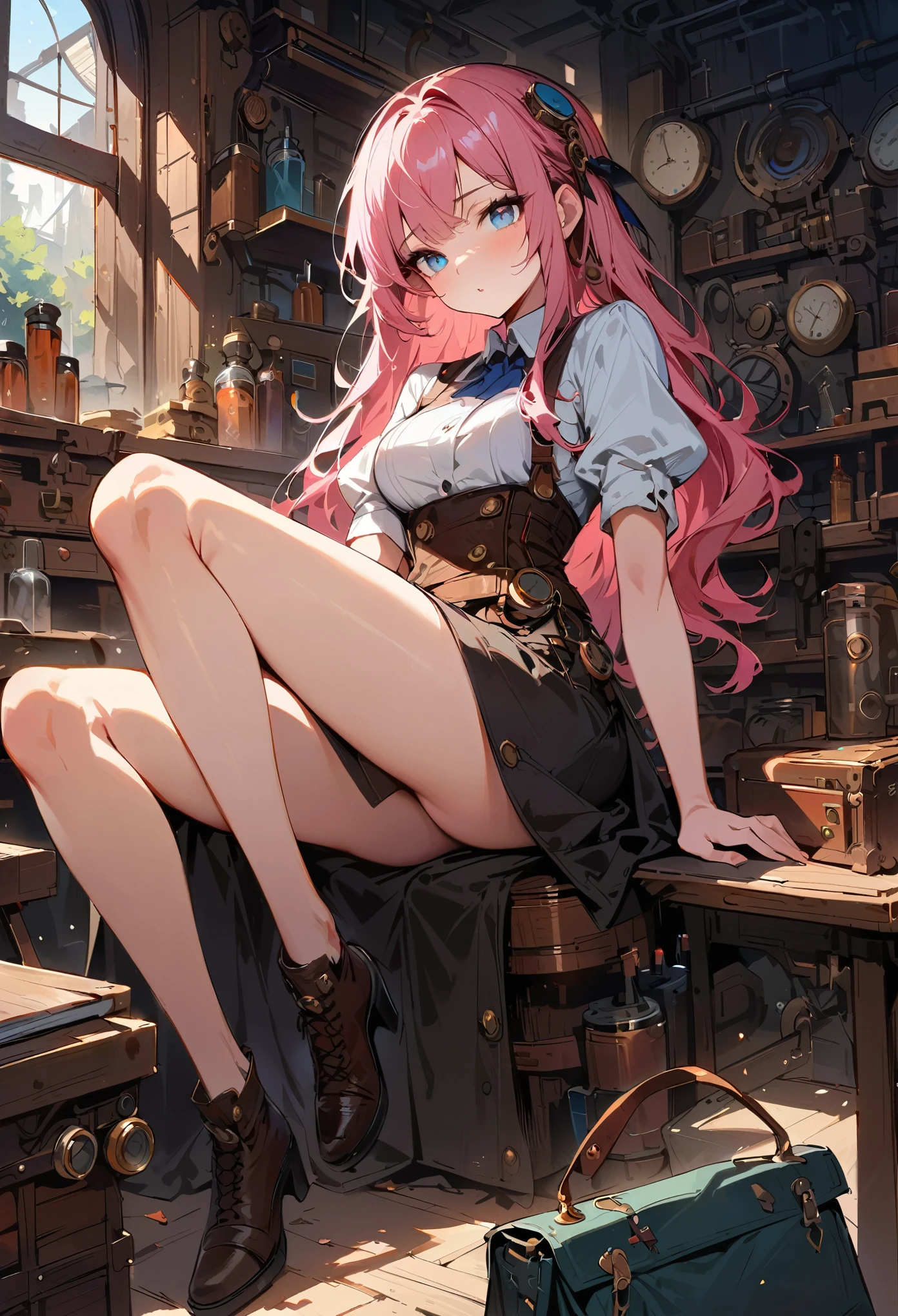 ((masterpiece, best quality)), Delicate face, Pretty Face, beautiful eyes, Systemic Degeneration, Rich in details, working in workshop, uses rifle, rifle referente a Steampunk, Very detailed, depth, Many parts,Beautiful girl with pink hair,disheveled hair,Long pink hair,sick,White pupil,The legs are very thin,Very long legs, blue label, Steampunk, 时尚Steampunk, full, waiter'coat, Turtleneck shirt, Top hat with mechanical gears, Brass decoration, Leather accessories ,High,Delgado, 8K, Surrealism, Official Art, charm, Shimmer, In the shadows, Oil on canvas, Brushstrokes, Be polite, Ultra HD, 8K, Unreal Engine 5, Ultra-clear focus,, Type germ, Roish, north african trade zone, complicated的艺术masterpiece, sinister, Matte paint movie poster, Golden Ratio, CG Social Trends, complicated, epic, Popular on artstation, Very detailed, Full of energy, Creating a character render, Super high quality model