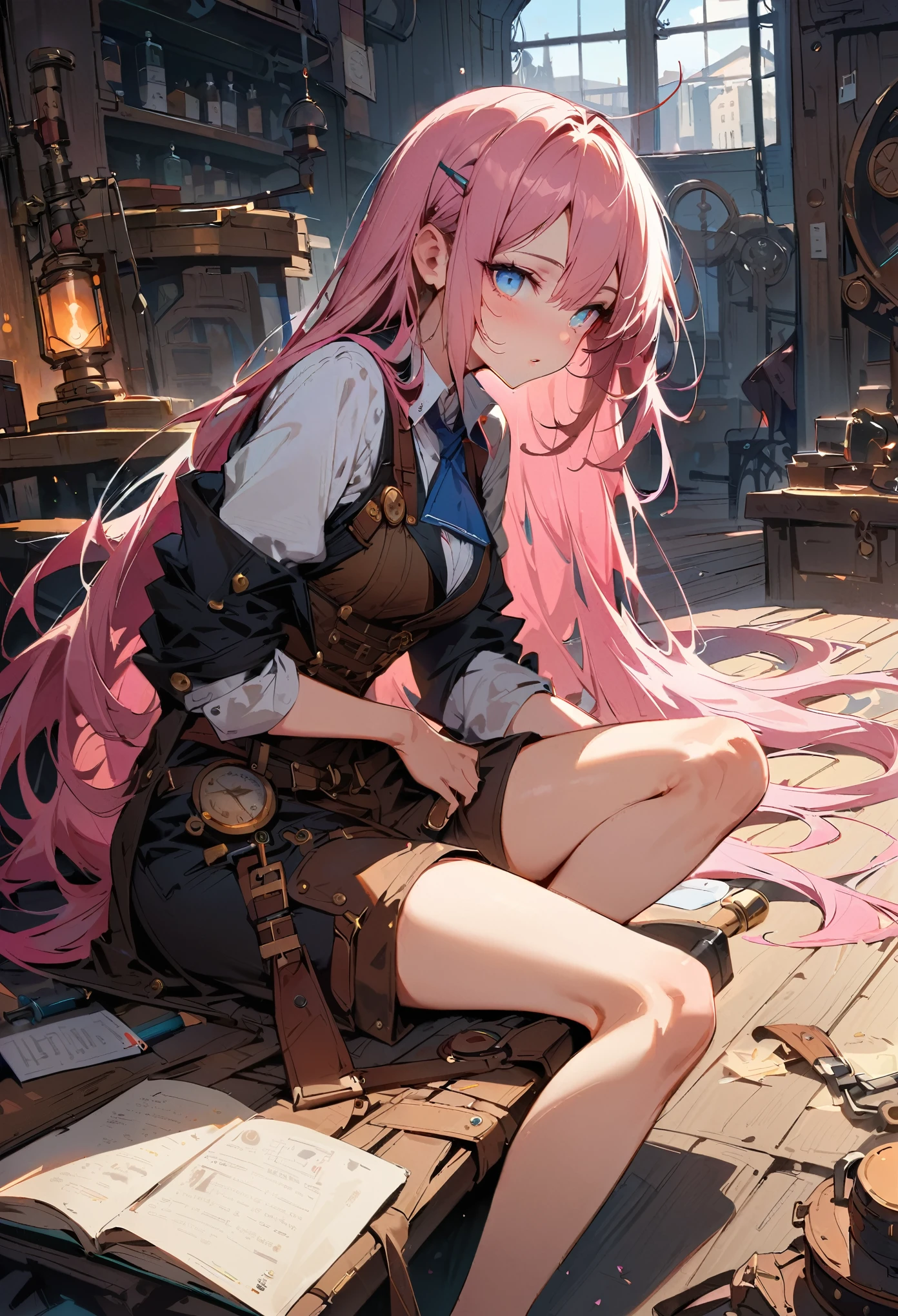 ((masterpiece, best quality)), Delicate face, Pretty Face, beautiful eyes， Systemic Degeneration, Rich in details, working in workshop, uses rifle, rifle referente a Steampunk, Very detailed, depth, Many parts，Beautiful girl with pink hair，disheveled hair，Long pink hair，sick，White pupil，The legs are very thin，Very long legs, blue label, Steampunk, 时尚Steampunk, full, waiter&#39;coat, Turtleneck shirt, Top hat with mechanical gears, Brass decoration, Leather accessories ,High，Delgado, 8K, Surrealism, Official Art, charm, Shimmer, In the shadows, Oil on canvas, Brushstrokes, Be polite, Ultra HD, 8K, Unreal Engine 5, Ultra-clear focus,, Type germ, Roish, north african trade zone, complicated的艺术masterpiece, sinister, Matte paint movie poster, Golden Ratio, CG Social Trends, complicated, epic, Popular on artstation, Very detailed, Full of energy, Creating a character render, Super high quality model