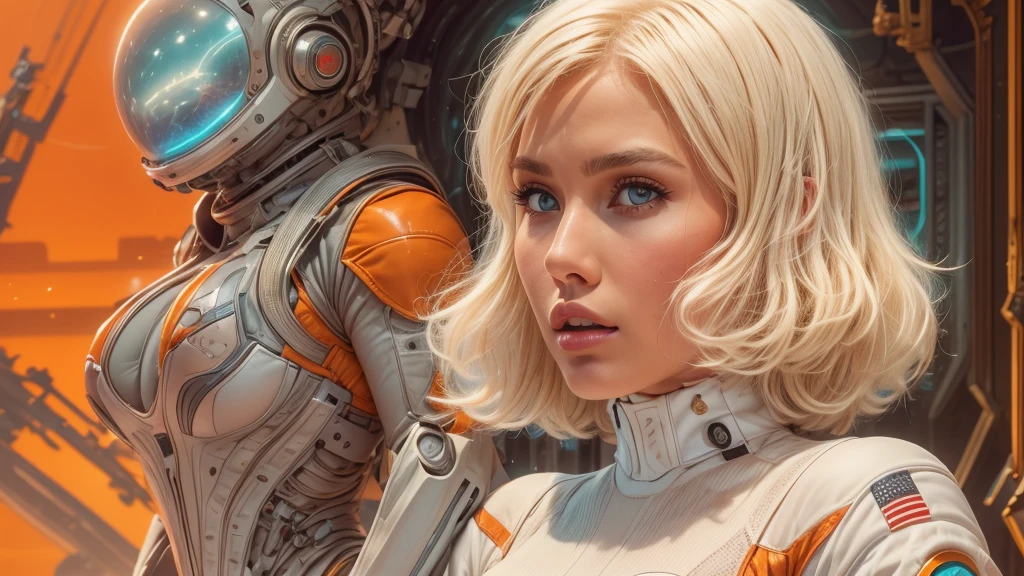 arafed image of a white woman in a futuristic suit with a spaceship in the background, movie art, in front of an orange background, inspired by Robert McGinnis, female protagonist, megastructure in the background, portrait of an ai astronaut, astronauts, an astronaut, portrait of a astronaut skeletor, perfect android girl, detailed eyes, perfectly detailed teeth, frank franzzeta and sakimichan  