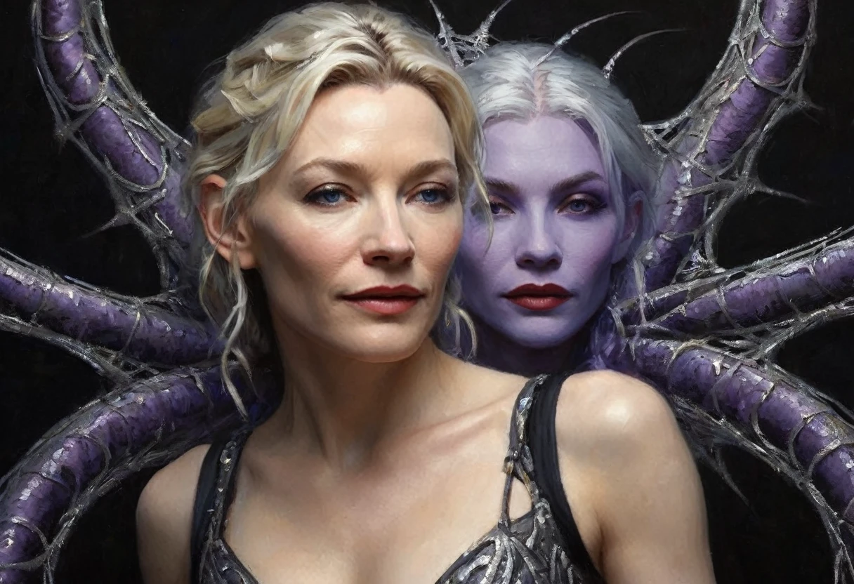 ((cate Blanchett (25)), beautiful detailed eyes, beautiful detailed lips, extremely detailed eyes and face, long eyelashes, 1 girl, drow elf, midnight black skin, solid violet eyes, silver hair, confident, vicious, wearing only scant body jewelry in the style of a spider web, snake whip, unclad), fearless, best quality, 4k, 8k, highres, masterpiece:1.2, ultra-detailed, realistic, photorealistic, photo-realistic:1.37, HDR, UHD, studio lighting, ultra-fine painting, sharp focus, physically-based rendering, extreme detail description, professional, vivid colors, bokeh, full body portrait, show all of her, show her head to toe, show her entire body, show all of her, show all of her, show all of her