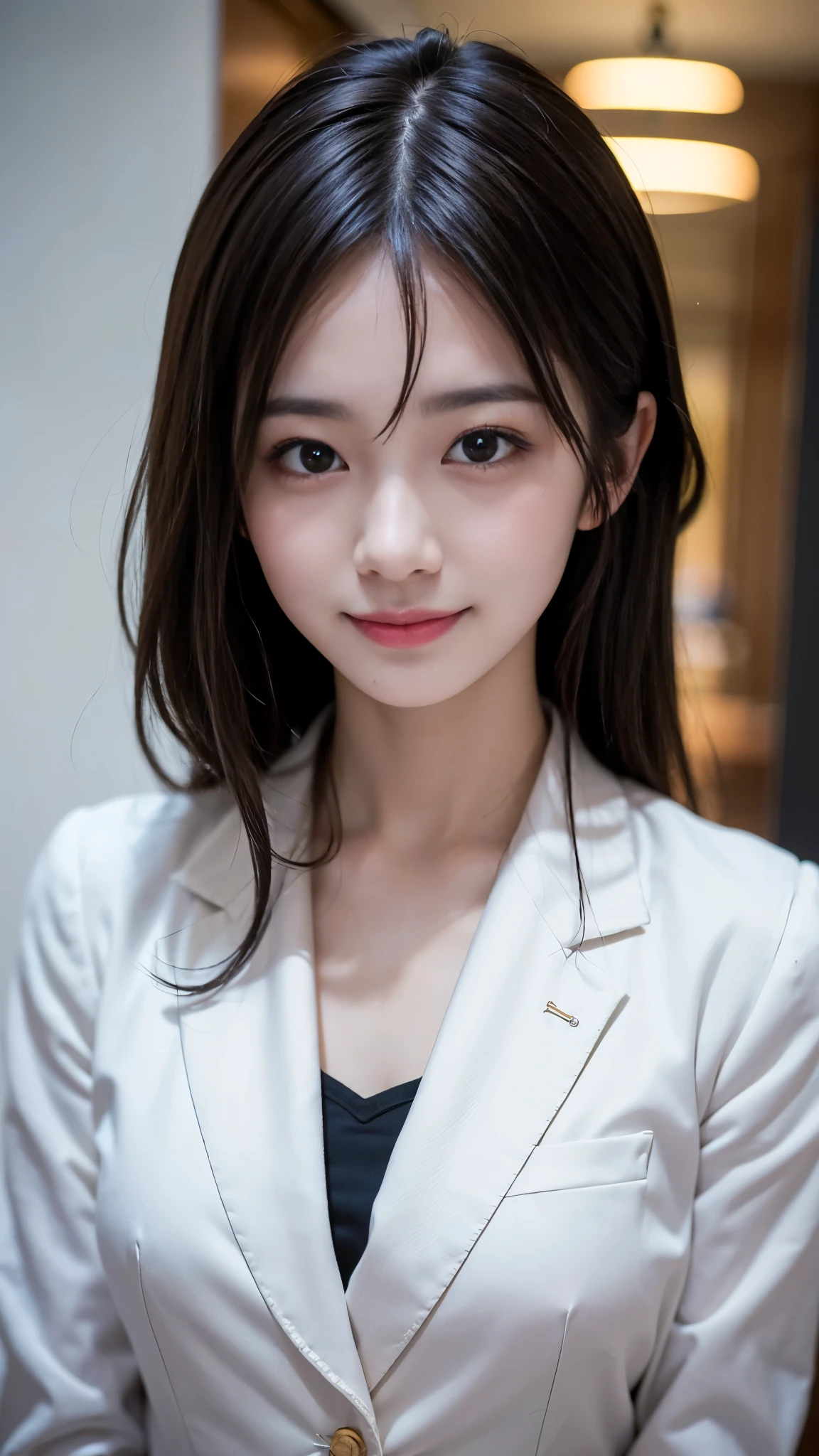 ((highest quality、Masterpiece、High resolution))、(((Zoom photo of upper body)))、(A shy smile:1.2)、One 15-year-old female、Beautiful Skin、Beautiful Eyes、blazer、shirt、Trimmed bangs