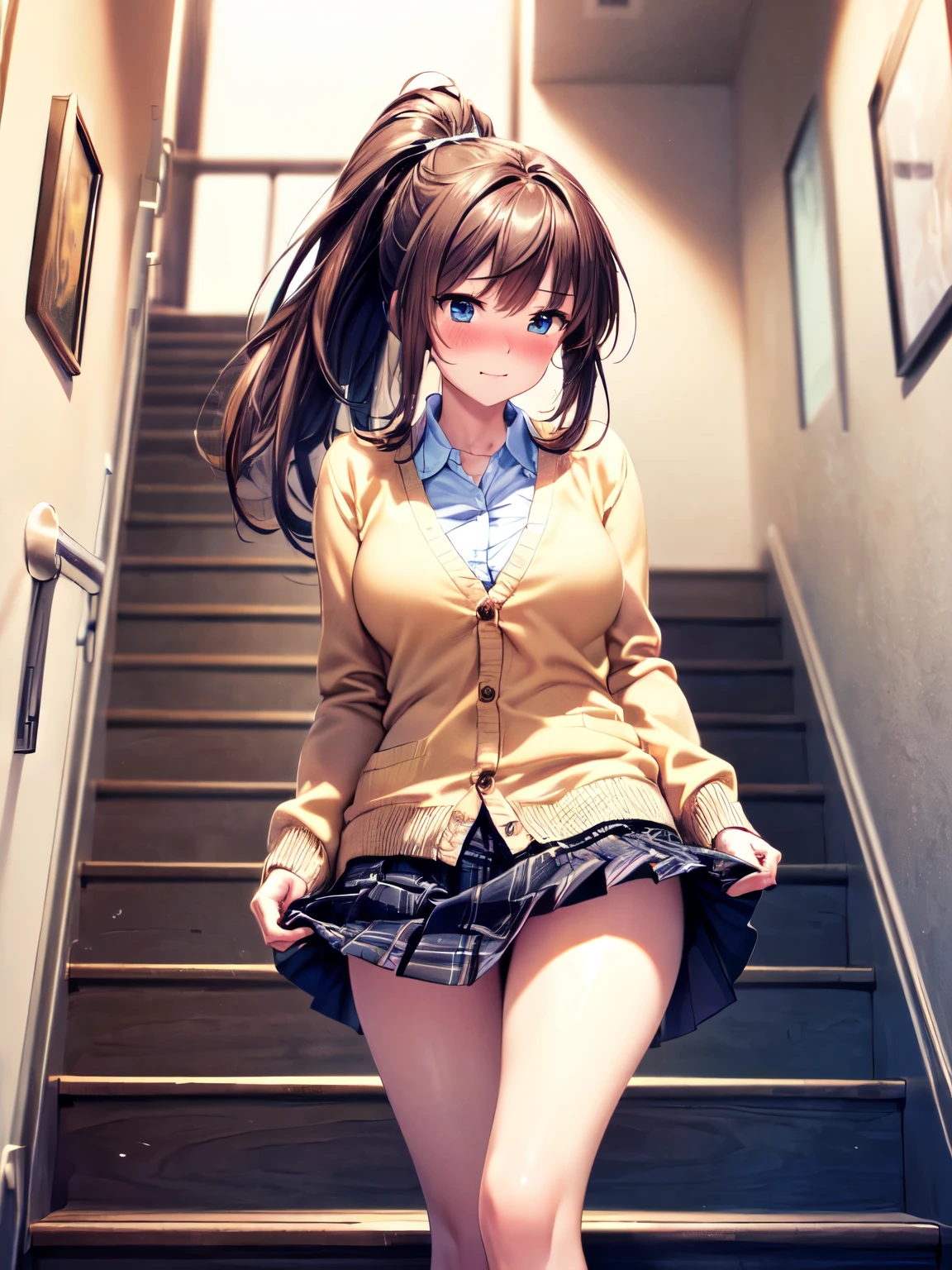 ((masterpiece, highest quality, High resolution, 超High resolution, Perfect Pixel, Depth of written boundary, 4K, RTTX 10.0, High resolution))), (One adult woman:1.3), Beautiful Anime Woman, Beautiful art style, Anime characters, ((Long Hair, bangs, Dark brown hair, ponytail)), ((Beautiful eyelashes)), ((Detailed face, Blushing:1.2)), ((Smooth texture, Realistic texture, Anime CG Style)), Perfect body, Slender body, (Adult woman climbing the stairs:1.2), (Beige cardigan, White shirt, Checkered pleated skirt:1.2), Angle looking up from the bottom of the rear stairs, (Station stairs, Many commuters in the background), (The skirt is blown up by the wind), (Hastily hold down the skirt with one&#39;s hands:0.9), ((Shiny, stylish and sexy white satin lace panties:1.2)), Beautiful thighs, Small Ass, Looking back with a shy expression, The whole body is visible
