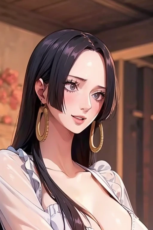 (((masterpiece))), (((best quality))), ((ultra-detailed)), (highly detailed CG illustration), Boa Hancock, , (masterpiece:1.5), Detailed Photo, Smiling, Sexy, (Best Quality: 1.4), (1girl), Beautiful Face, (Black Hair, long Hair: 1.3), Beautiful Hairstyle,  beautiful detail eyes, (realistic skin), beautiful skin, absurd, attractive, ultra high resolution, high definition, (sexually aroused:1.5), Pinkish white skin, cool white light, sexy pose, Beautiful , white background, pink soft white light, Wear a white dress
