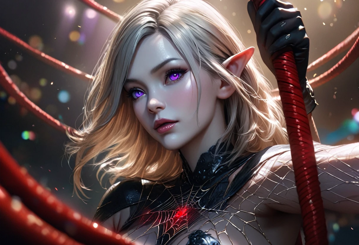 ((cate Blanchett (25)), beautiful detailed eyes, beautiful detailed lips, extremely detailed eyes and face, long eyelashes, 1 girl, drow elf, midnight black skin, solid violet eyes, silver hair, confident, vicious, wearing only scant body jewelry in the style of a spider web, snake whip, unclad), fearless, best quality, 4k, 8k, highres, masterpiece:1.2, ultra-detailed, realistic, photorealistic, photo-realistic:1.37, HDR, UHD, studio lighting, ultra-fine painting, sharp focus, physically-based rendering, extreme detail description, professional, vivid colors, bokeh, full body portrait, show all of her, show her head to toe, show her entire body, show all of her, show all of her, show all of her