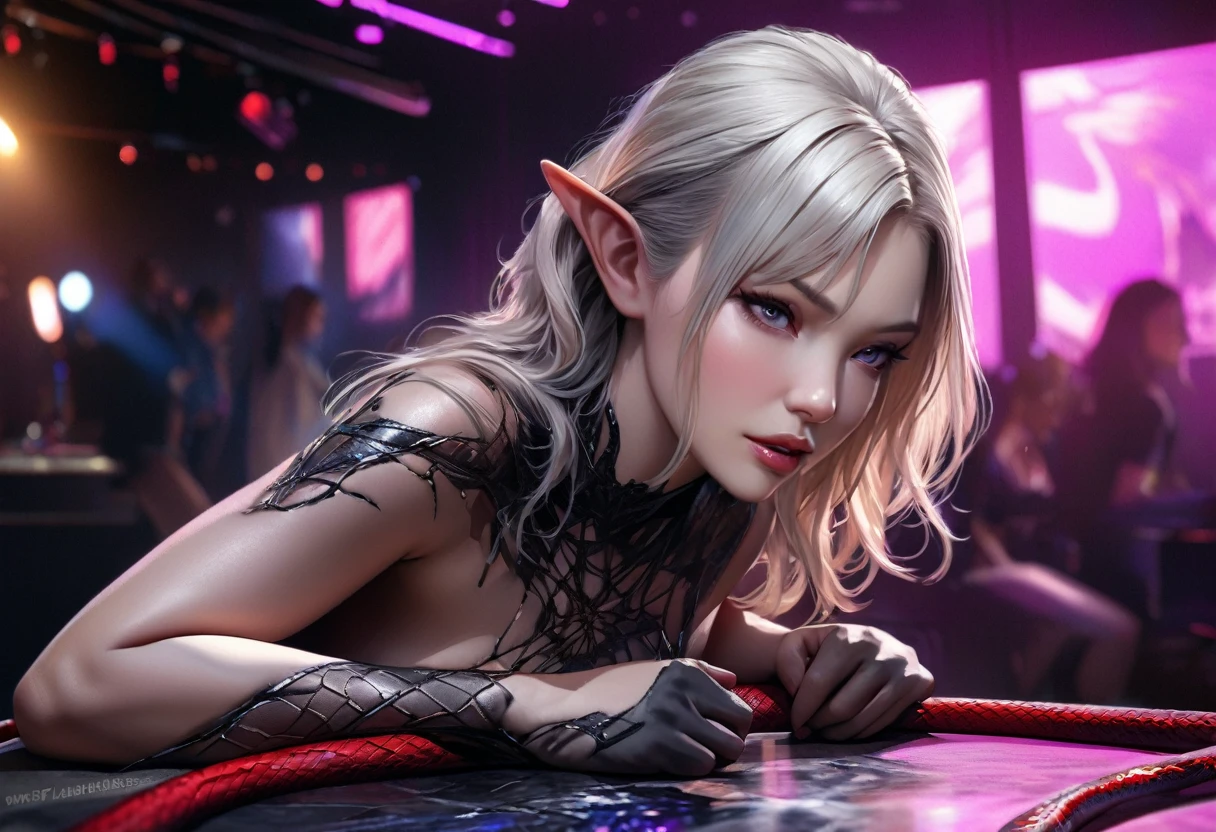 ((cate Blanchett (25)), beautiful detailed eyes, beautiful detailed lips, extremely detailed eyes and face, long eyelashes, 1 girl, drow elf, midnight black skin, solid violet eyes, silver hair, confident, vicious, wearing only scant body jewelry in the style of a spider web, snake whip, unclad), fearless, best quality, 4k, 8k, highres, masterpiece:1.2, ultra-detailed, realistic, photorealistic, photo-realistic:1.37, HDR, UHD, studio lighting, ultra-fine painting, sharp focus, physically-based rendering, extreme detail description, professional, vivid colors, bokeh, full body portrait, show all of her, show her head to toe, show her entire body, show all of her, show all of her, show all of her