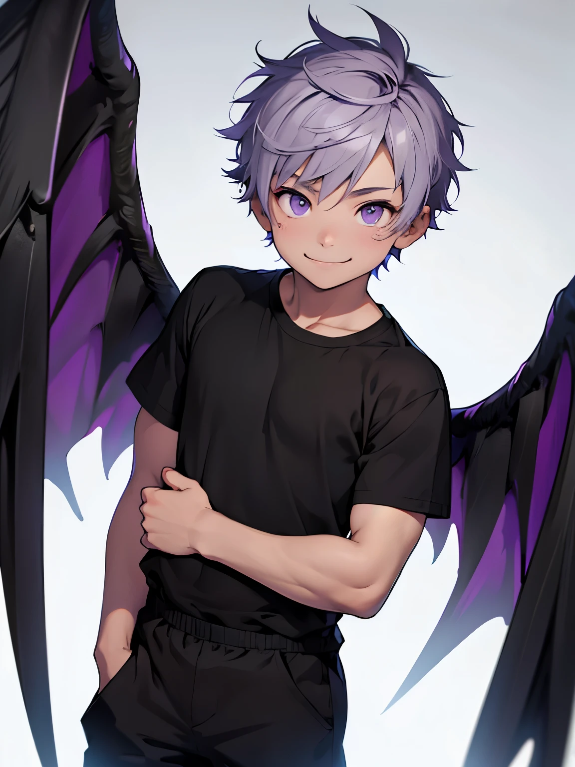 4years old young boy, grey short hair, purple eyes, mischievous smile, black shirt, black pants, fair skin, wings