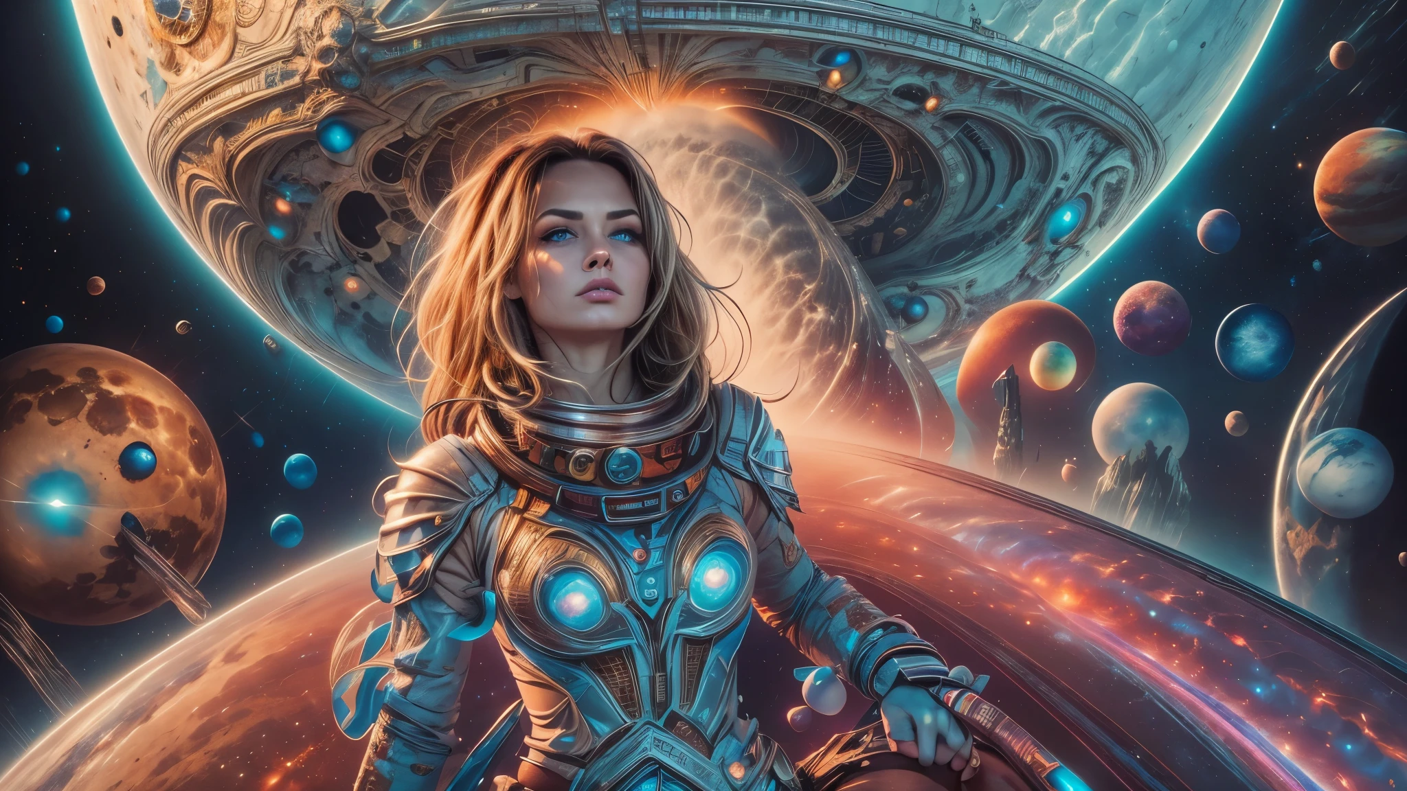 Sci-fi painting by Lou Cameron, (outer space, planets, stars, rockets, flying saucer, alien, space battle, Lazer gun, Lazer beams), (beautiful woman, detailed hands, detailed eyes, worried expression),