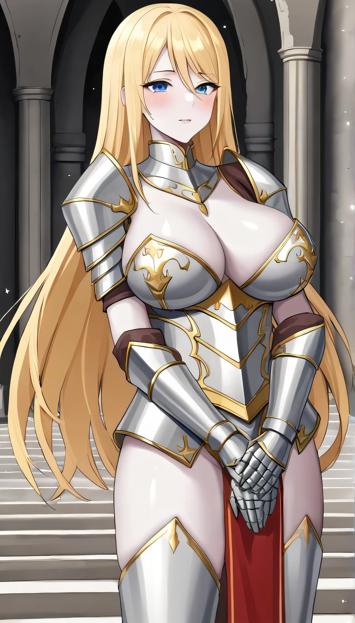 Busty woman with blonde armor long hair blonde with soft white skin behind a castle
