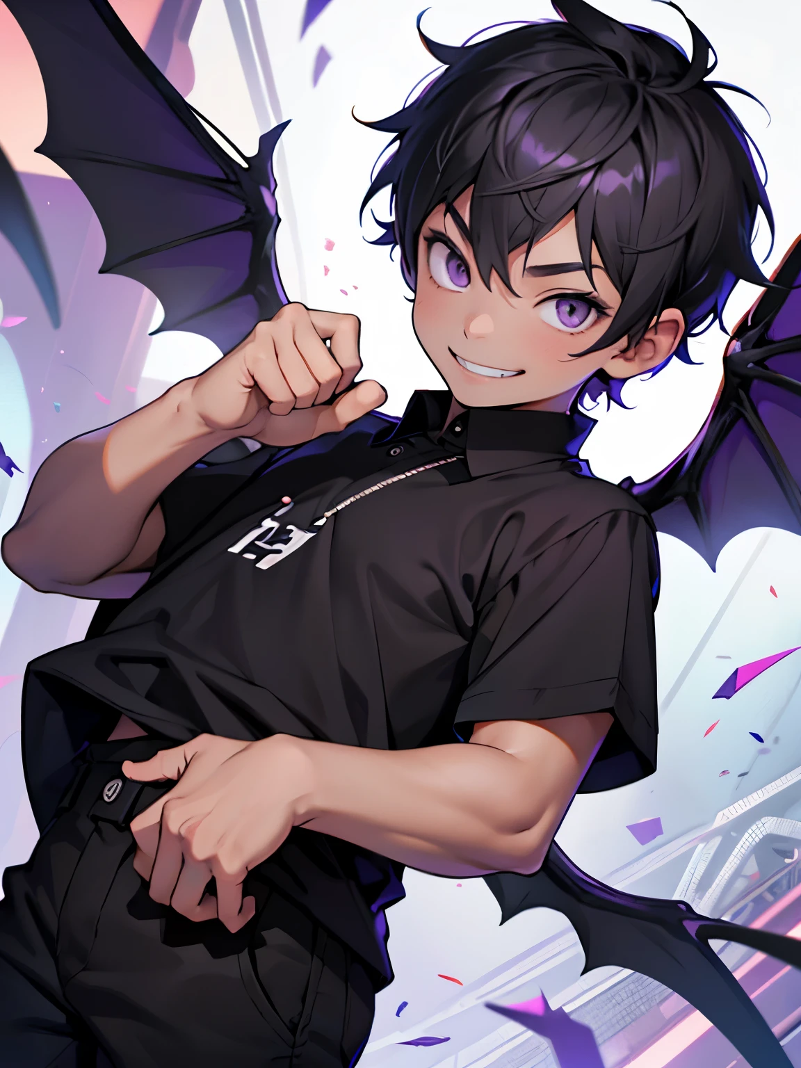 4ars old young boy, grey short hair, purple eyes, mischievous smile, black shirt, black pants, fair skin, wings