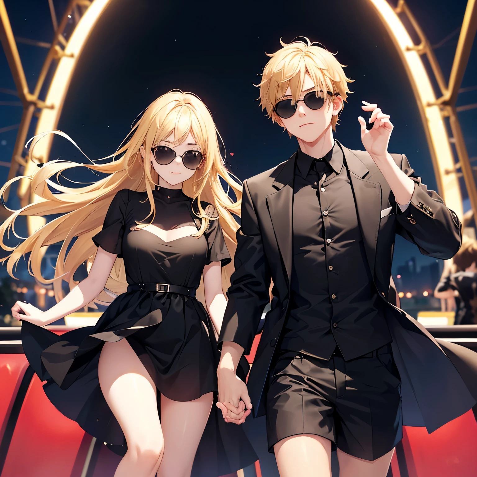 Couple,boy and girl,duo,an amusement park, at night, romantic pose (girl with long blonde hair,Black dress, short dress, sunglasses,)(boy with short hair, blonde hair,black shirt, black trousers,messy hair,Sunglasses)