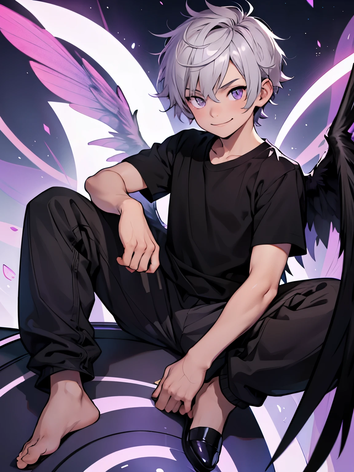 4years old young boy, grey short hair, purple eyes, mischievous smile, black shirt, black pants, fair skin, wings