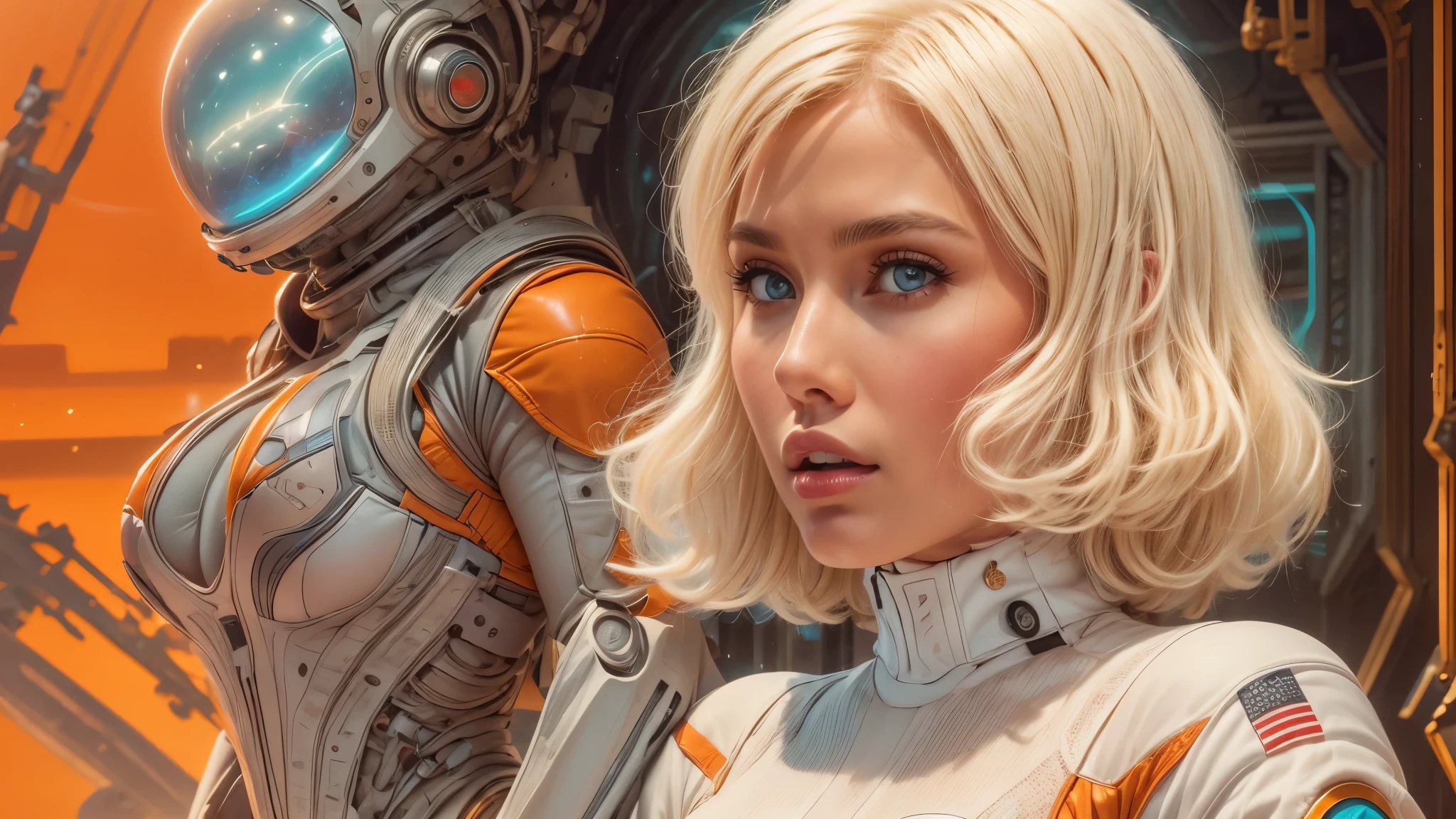 arafed image of a white woman in a futuristic suit with a spaceship in the background, movie art, in front of an orange background, inspired by Robert McGinnis, female protagonist, megastructure in the background, portrait of an ai astronaut, astronauts, an astronaut, portrait of a astronaut skeletor, perfect android girl, detailed eyes, perfectly detailed teeth, frank franzzeta and sakimichan