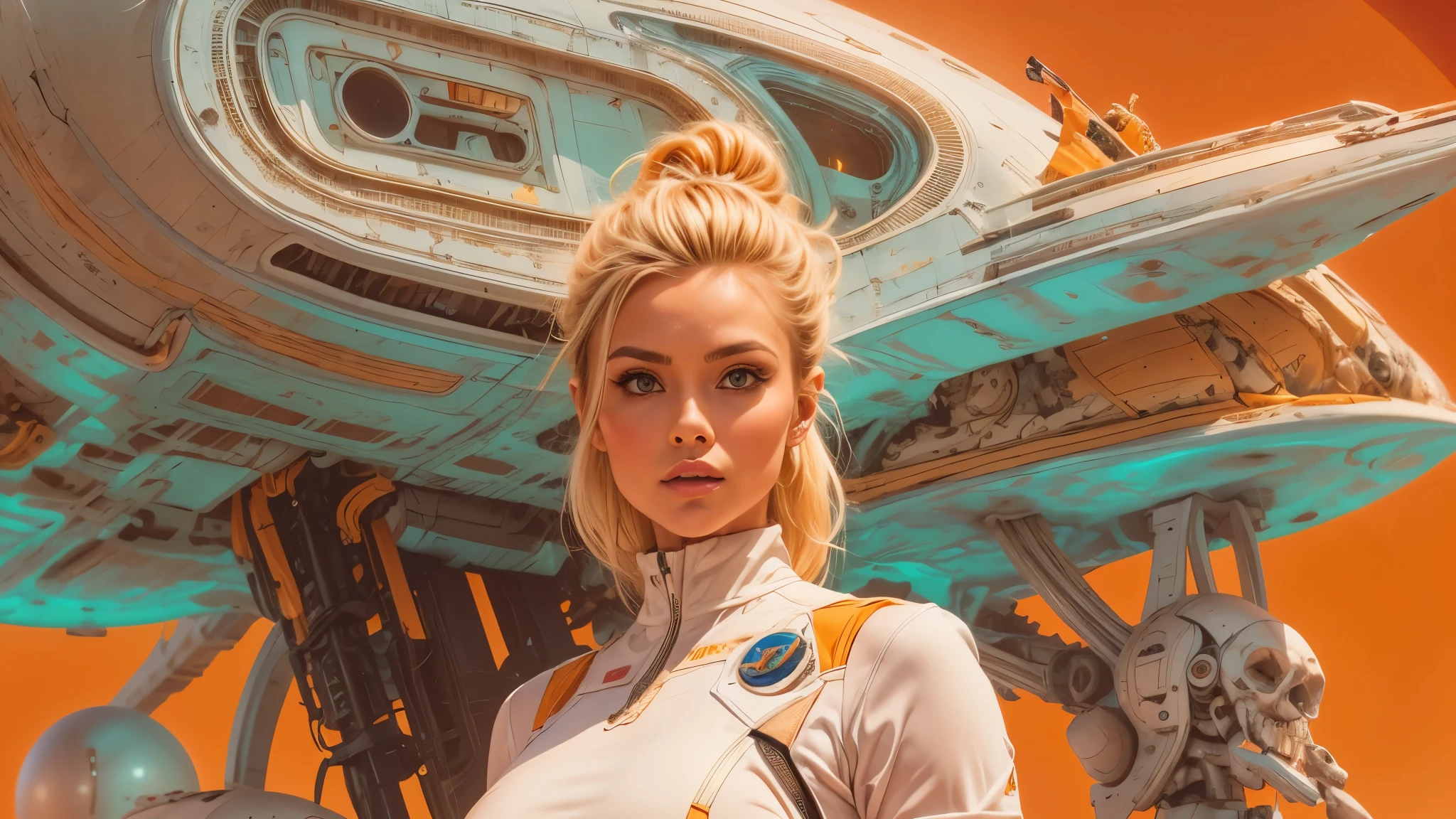 arafed image of a white woman in a futuristic suit with a spaceship in the background, movie art, in front of an orange background, inspired by Robert McGinnis, female protagonist, megastructure in the background, portrait of an ai astronaut, astronauts, an astronaut, portrait of a astronaut skeletor, perfect android girl, detailed eyes, perfectly detailed teeth, frank franzzeta and sakimichan  