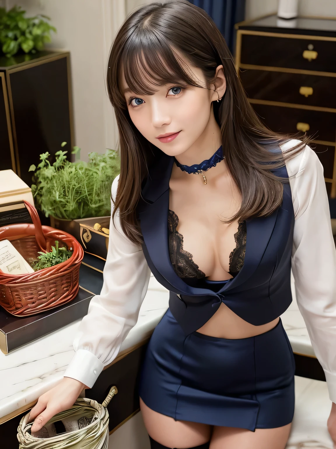 (highest quality, masterpiece:1.3, 超A high resolution), (Very detailed), (Realistic:1.4,RAW shooting), Ultra-Realistic Capture, Very detailed, High resolution, Human skin close-up, The skin texture is natural, It must be detailed enough to be easily identifiable.。 Skin should look healthy and have an even tone, Use natural light and color, ((Dark blue business suit:1.4、mini skirt、Black Stockings)), ((the body is slim)), girl, Japanese, 18-year-old, cute, Long Hair, Big Breasts, smile, Turn your body forward, (View from the front:1.1), Looking into the camera, Cowboy Shot, focused on the chest, Brown Hair, ((Black choker)), very long, Lots of very long eyelashes, blue eyes, bangs, High nose、Luxury, Marble wall, sofa, ((Herbs in a basket, Luxurious desk, Private room:1.4))