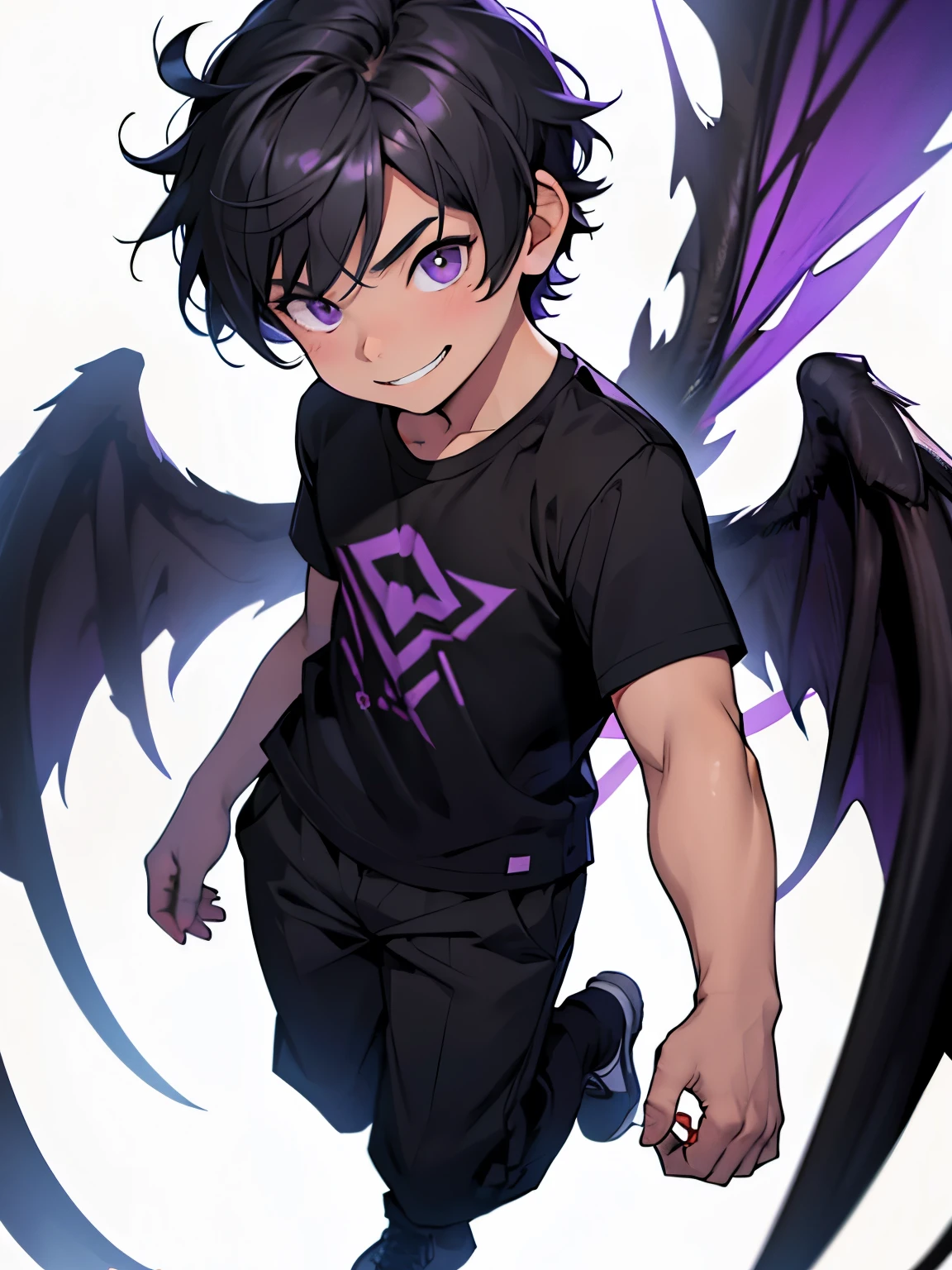 4years old young boy, grey short hair, purple eyes, mischievous smile, black shirt, black pants, fair skin, wings