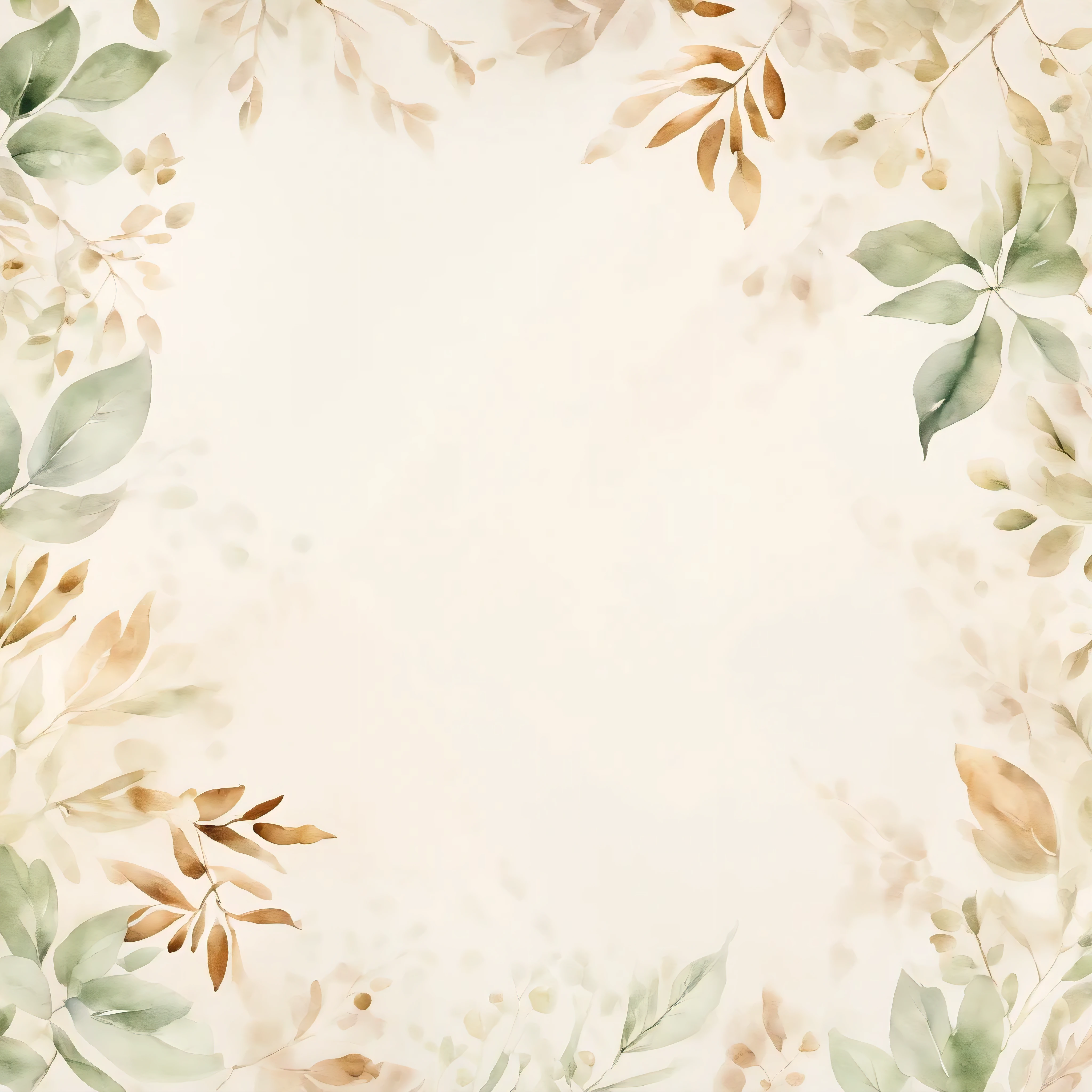 Create a textured watercolor paper background in white. Throughout the paper there is a pattern of small leaves in pale earthy tones.