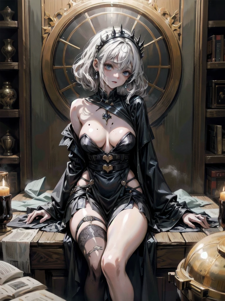 whole body, Anime character, in her alchemist room, a steaming cauldron, a traditional witch outfit, absurdres, RAW photo, extremely delicate and beautiful, masterpiece, Best Quality, ultra high resolution, 32k, hyperrealistic, ultra-detailed, perfect figure, perfect shape, detailed description, pale skin, 20 years old, detailed beautiful face and eyes, tearful mole, earring, short medium hair, wavy hair,