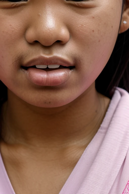 a close up photo of an Indonesian teenager girl mouth to the camera while sticking her tongue out