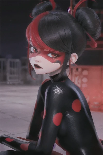 (best quality, masterpiece:1.2), perfect eyes, perfect face, (red/black tone), beautiful, 1girl, solo, black and red suit, gray lipstick, a suit with black and red dots, ((outside, night)), shadybug, black hair in space buns, red eyes, sitting down, side view, 