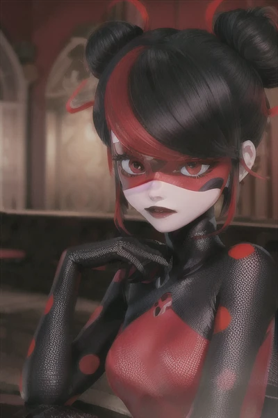 (best quality, masterpiece:1.2), perfect eyes, perfect face, (red/black tone), beautiful, 1girl, solo, black and red suit, gray lipstick, a suit with black and red dots, ((outside, night)), shadybug, black hair in space buns, red eyes, sitting down, side view, 