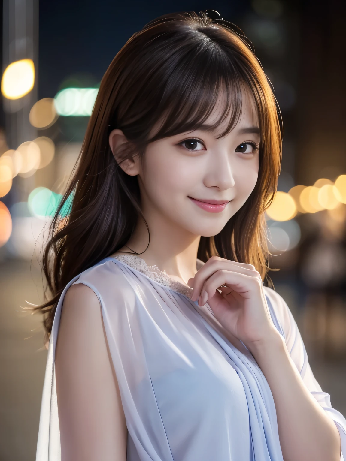 (RAW photo, best quality), (realistic, photo-realistic:1.4), masterpiece, an extremely delicate and beautiful, extremely detailed, 8k wallpaper, Amazing, finely detail, extremely detailed CG unity, ultra-detailed, highres, soft light, Korean idol, beautiful detailed girl, extremely detailed eyes and face, beautiful detailed nose, beautiful detailed eyes,cinematic lighting,perfect anatomy, (chiffon blouse:1.3), bokeh, close up, (at a night downtown:1.3),looking at viewer, (hands behind back:1.2), (smile:1.4),