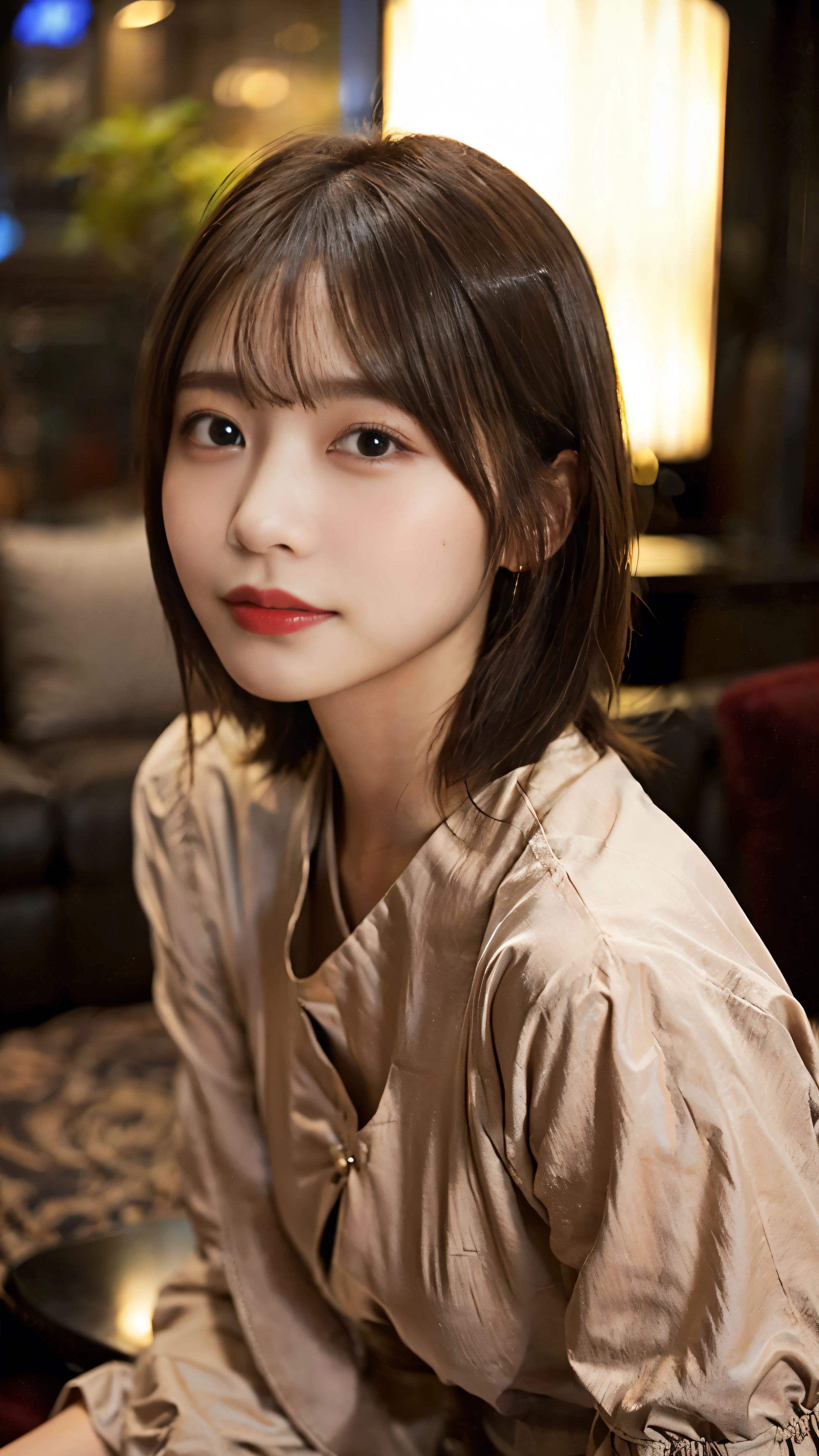 ((Dressed up fashion))、((Luxury hotel lounge))、((Look away))、(top-quality,masterpiece:1.3,超A high resolution,),(ultra-detailliert,Caustics),(Photorealsitic:1.4,RAW shooting,)Ultra-realistic capture,A highly detailed,High resolution 16K human skin closeup、 Skin texture is natural、、The skin looks healthy with an even tone、 Use natural light and color,1 girl,japanes,23years old,kawaii,Brown Hair,Short layered bob,Wolf Cut、smil、Wide range of lighting、Natural Shading、DSLR、50mm,f2.4、(Early Morning Light:1.4)、((cowboy shot)),