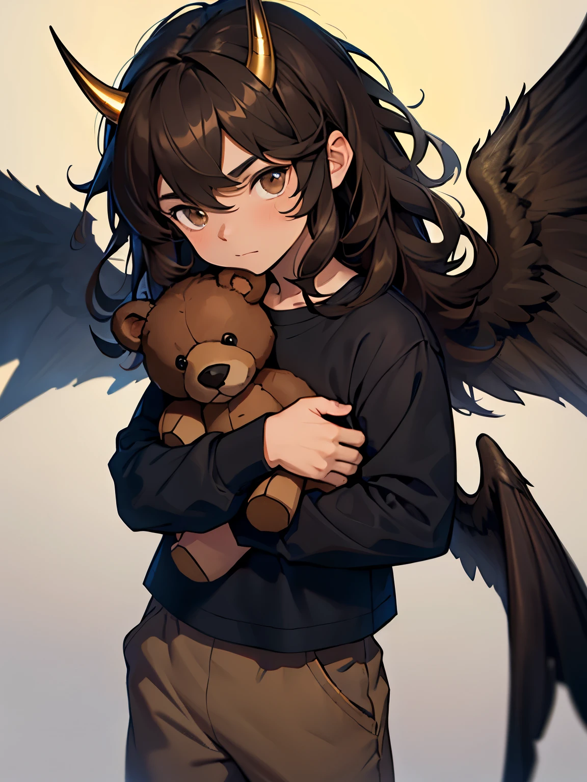 2 years old young boy, long dark brown curly hair, fair skin, golden brown eyes, holding black teddy bear, blue shirt, grey pants, small horns, wings