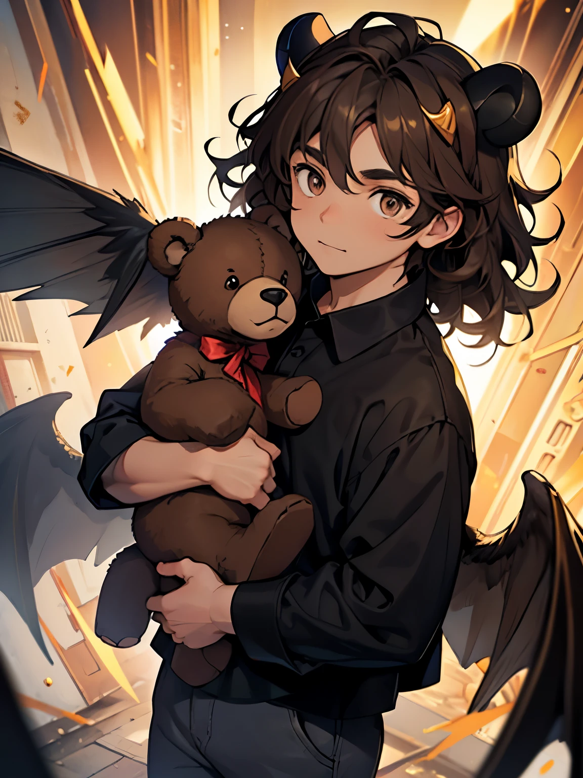 2 years old young boy, long dark brown curly hair, fair skin, golden brown eyes, holding black teddy bear, blue shirt, grey pants, small horns, wings