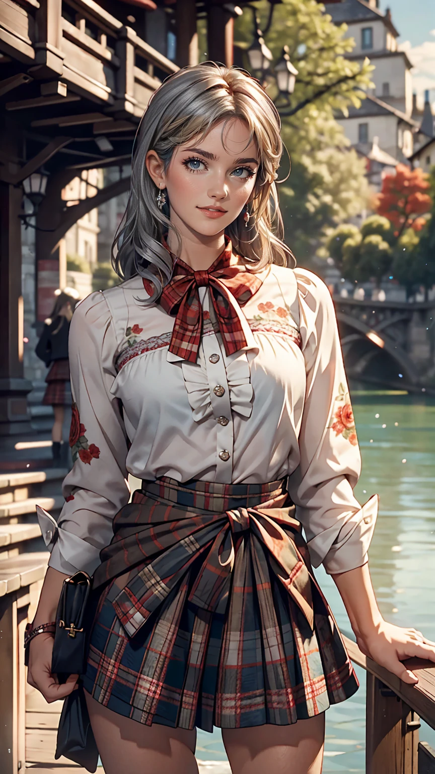 Claude Monet 、Dolceacqua Bridge、Wearing a red tartan mini skirt、Wearing a floral blouse、Silver Hair、blue eyes、Straight long hair_Hair reaching down to the waist、A shy smile
